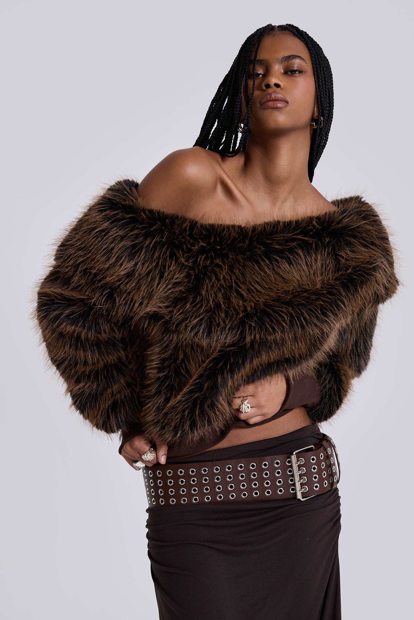 316 Off The Shoulder Fur Jumper in Brown