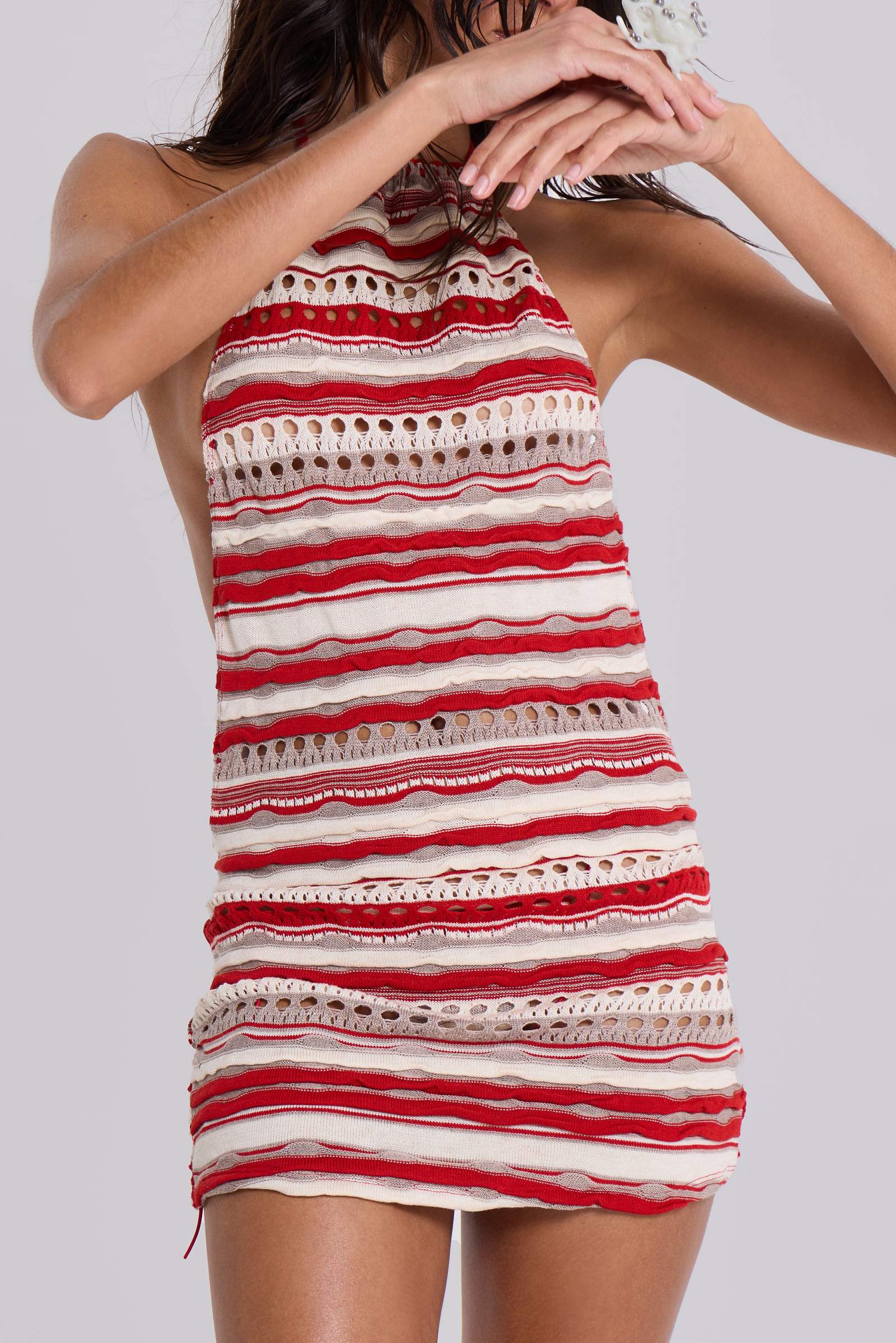Cata Red Stripe Halter Ruffle Knit Mini Dress
