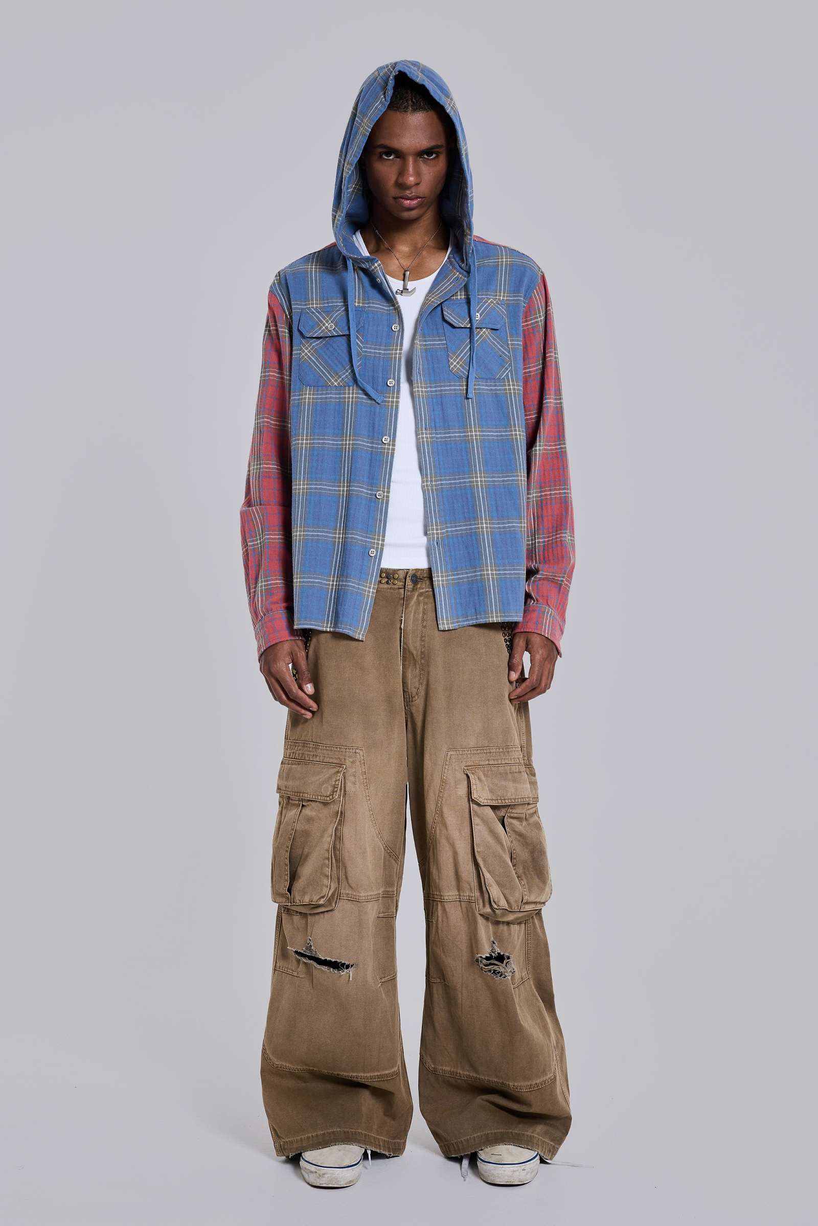 Checked Button-Up Hooded Shirt