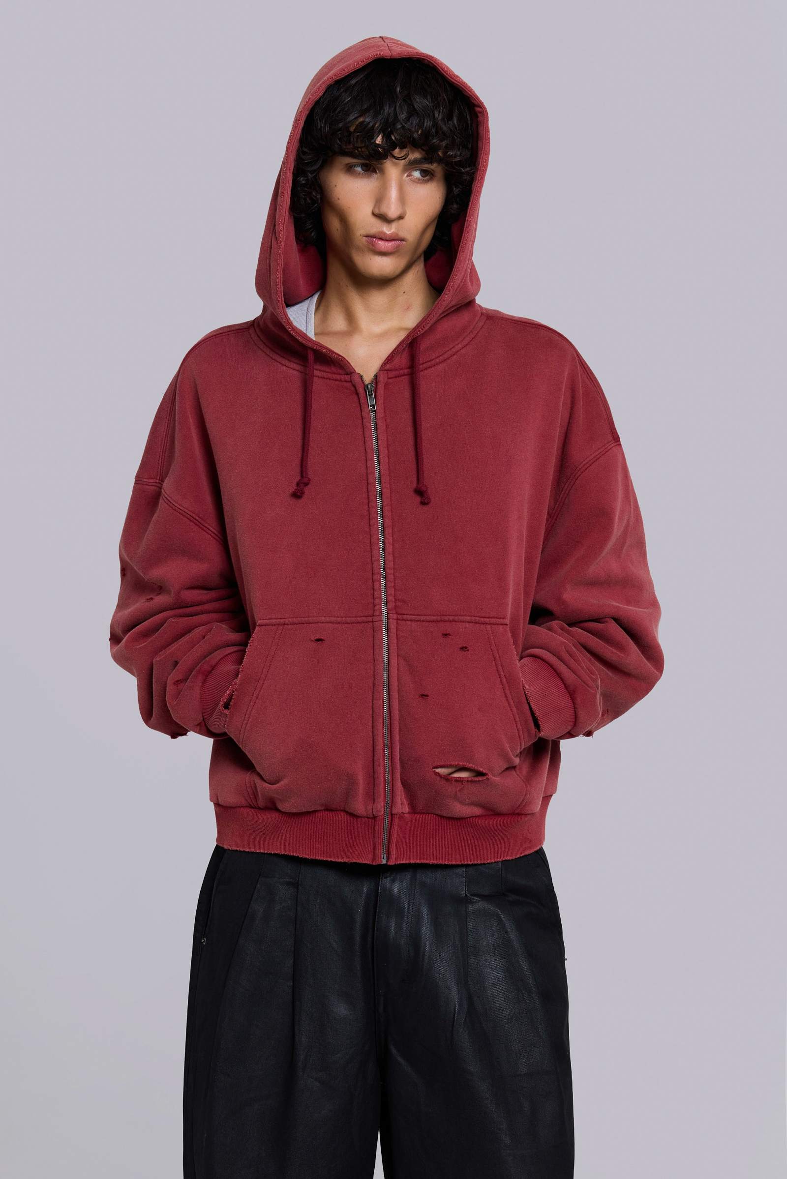 Red Sun Faded Waffle Lined Zip Hoodie