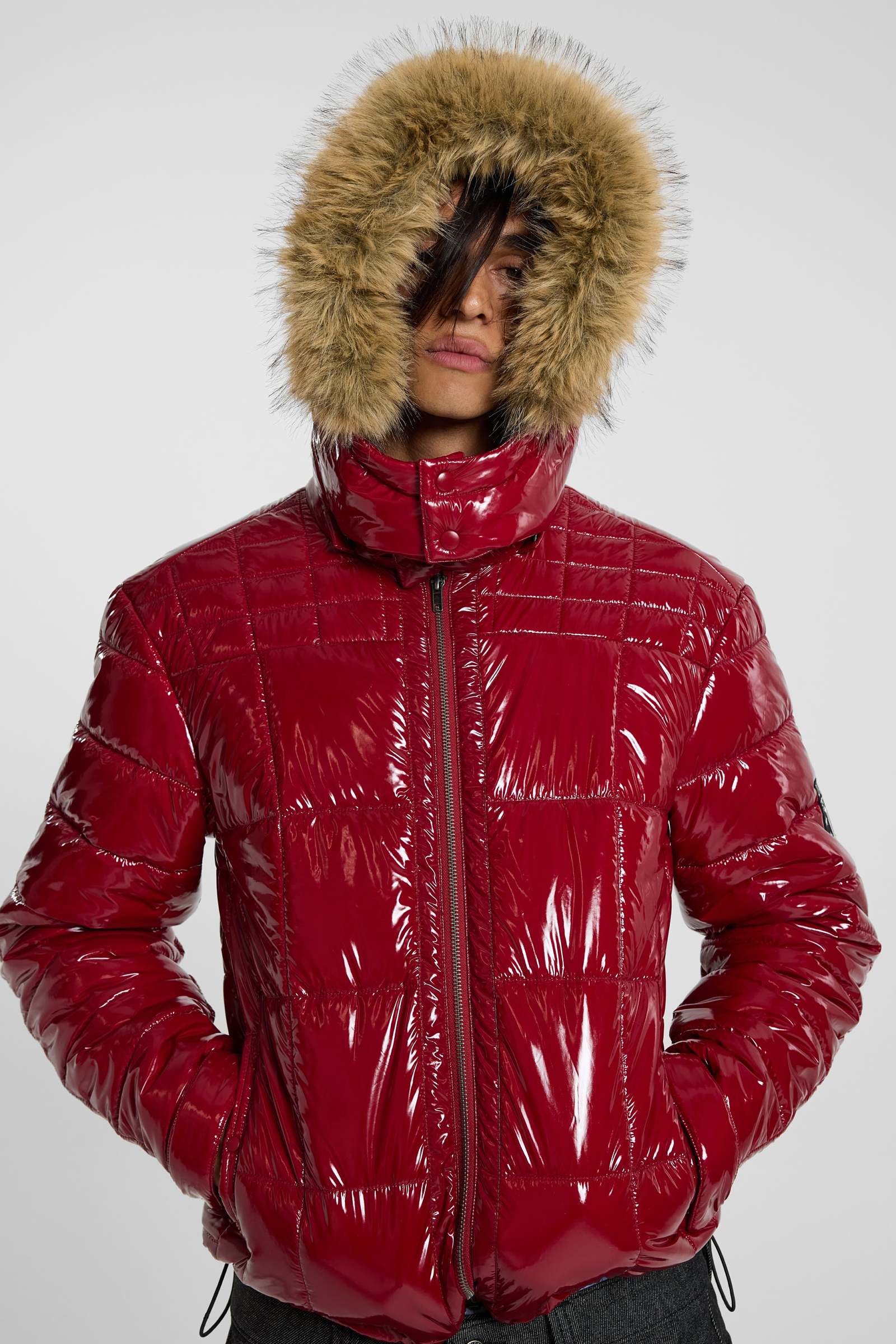 Red Hi Shine Fur Hood Puffer