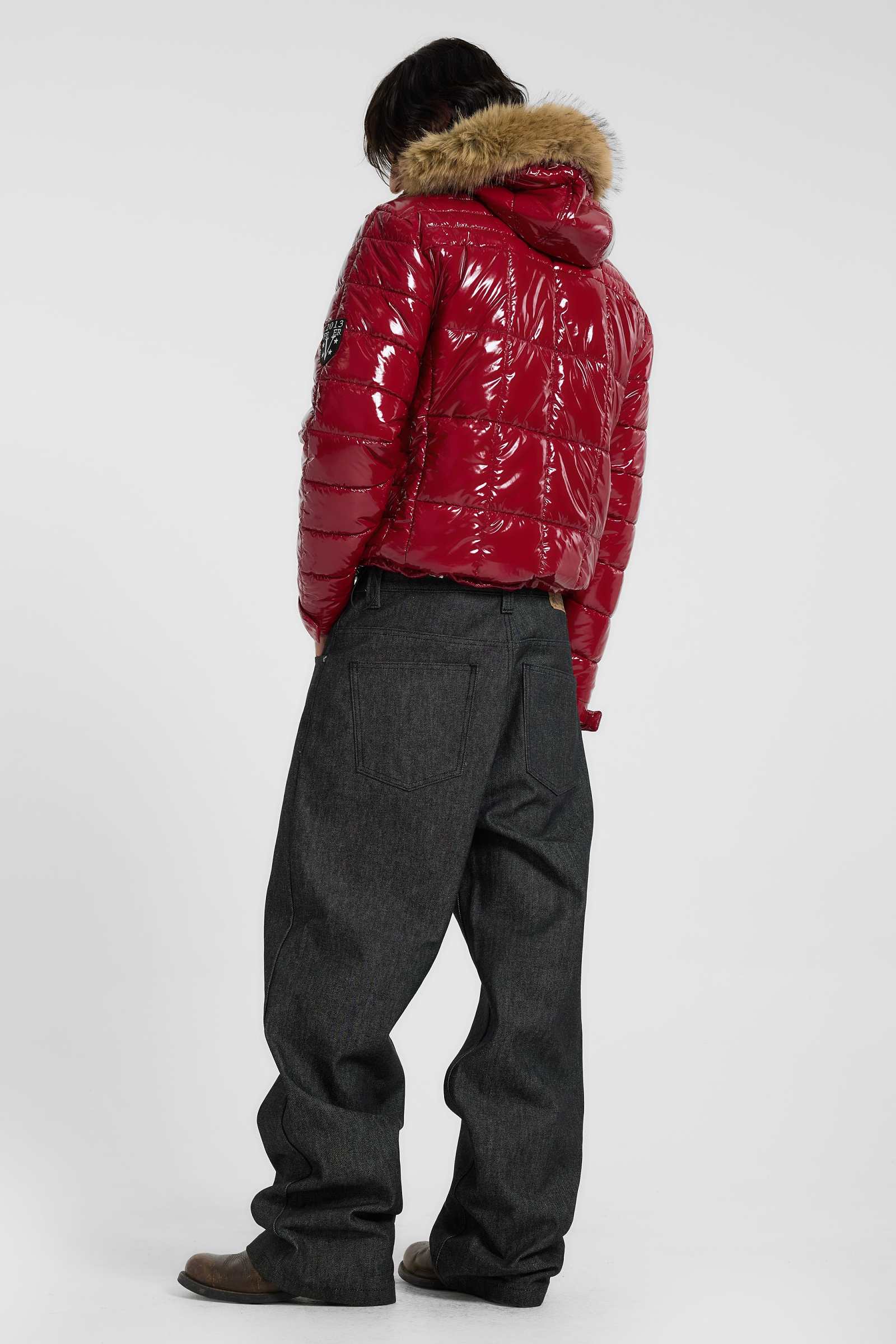 Red Hi Shine Fur Hood Puffer