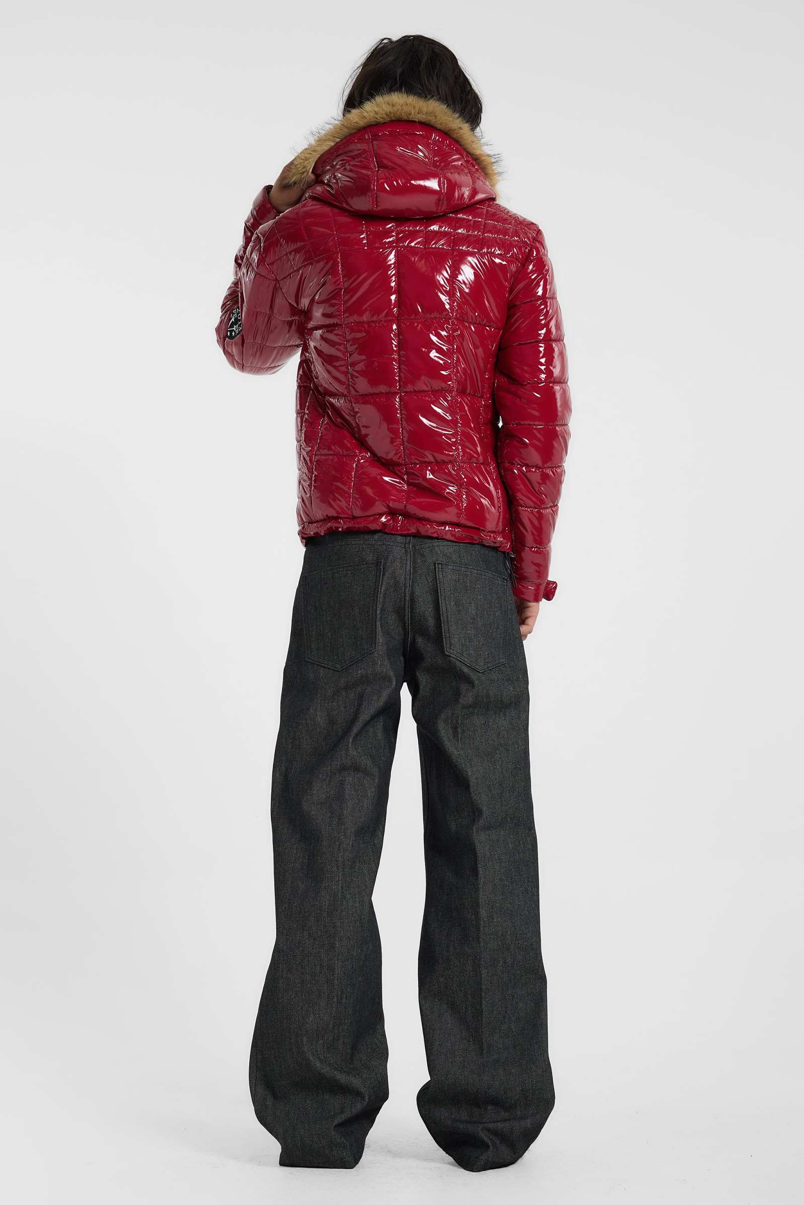 Red Hi Shine Fur Hood Puffer