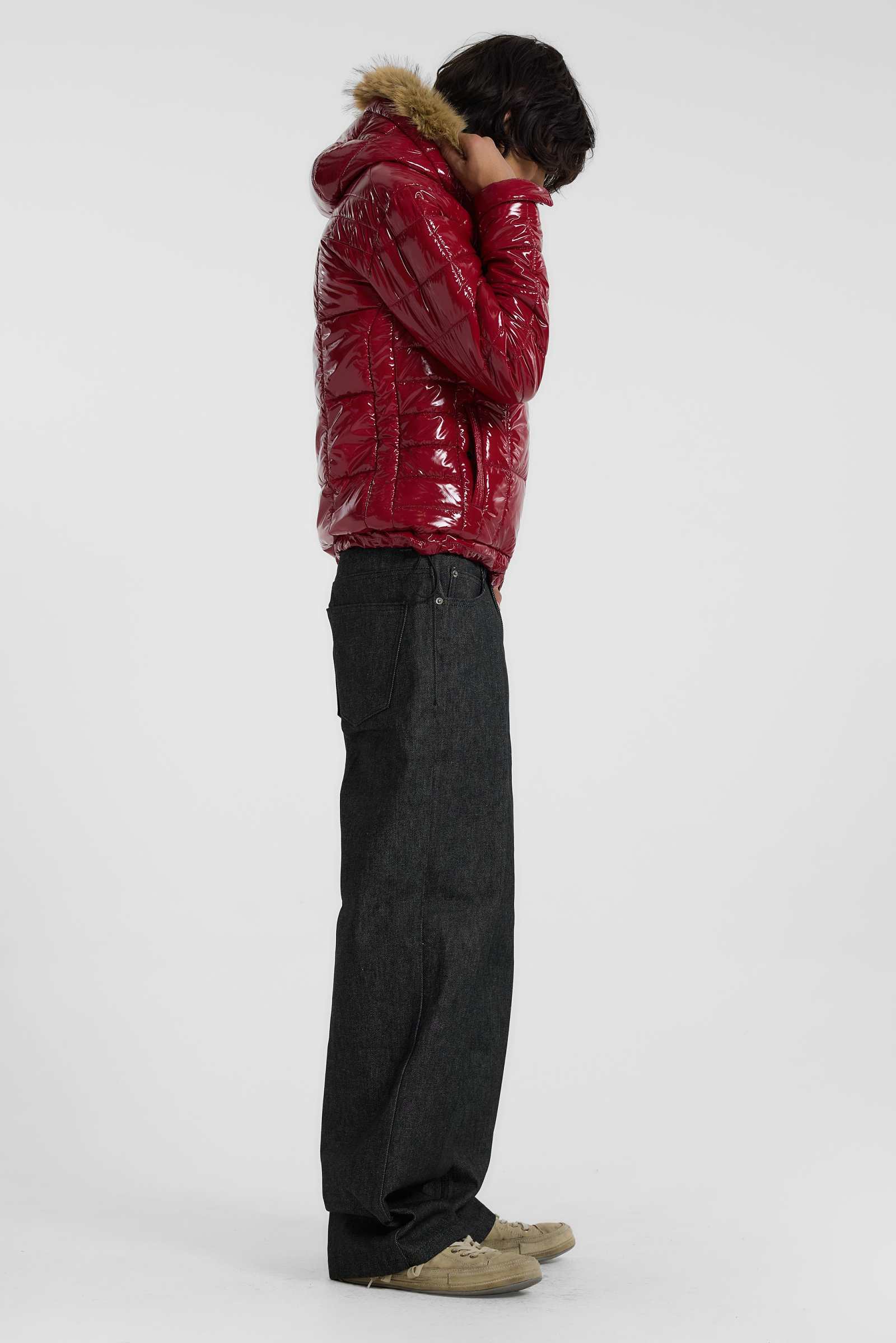 Red Hi Shine Fur Hood Puffer