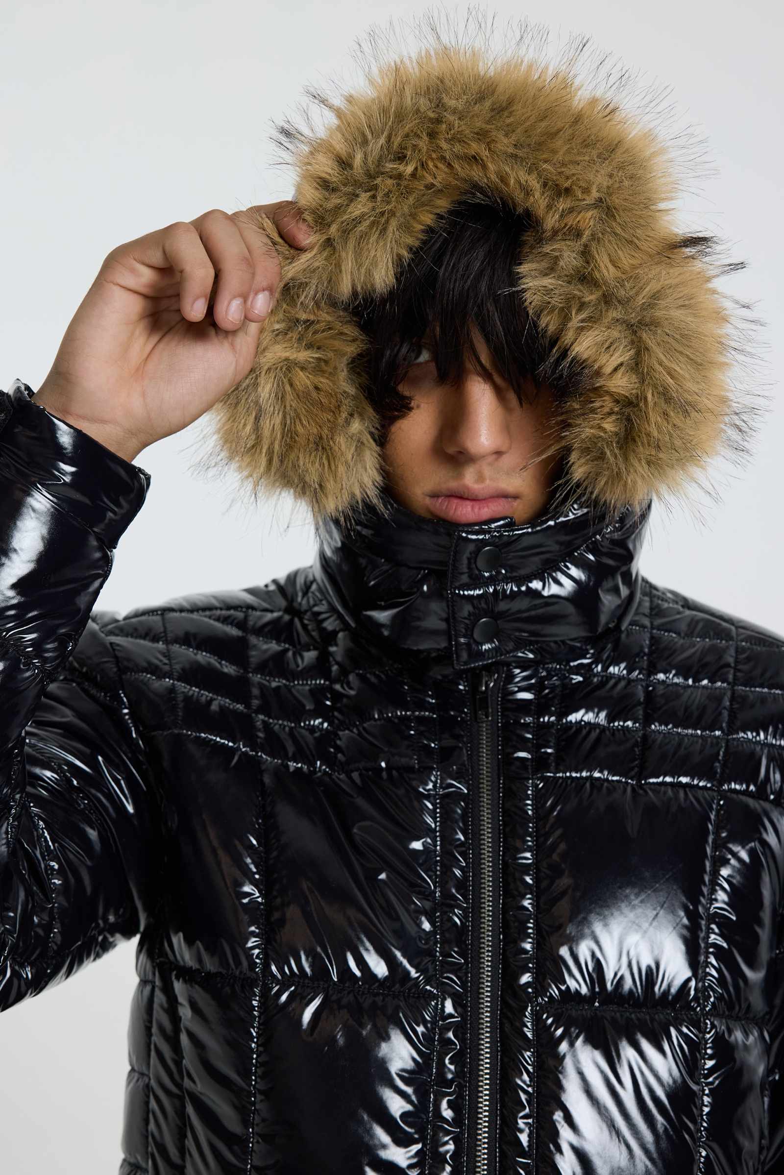 Black Hi Shine Fur Hood Puffer