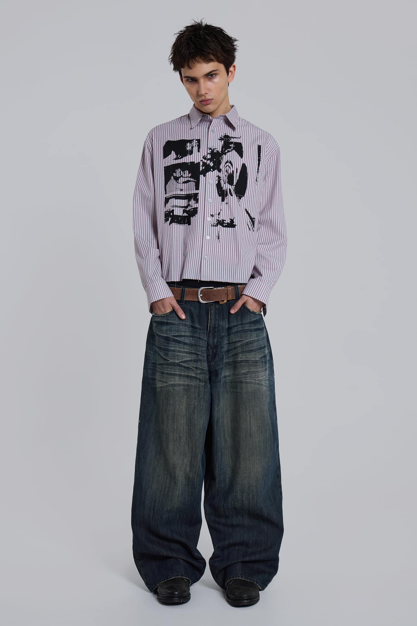 Overprint Cropped Button-Up Shirt