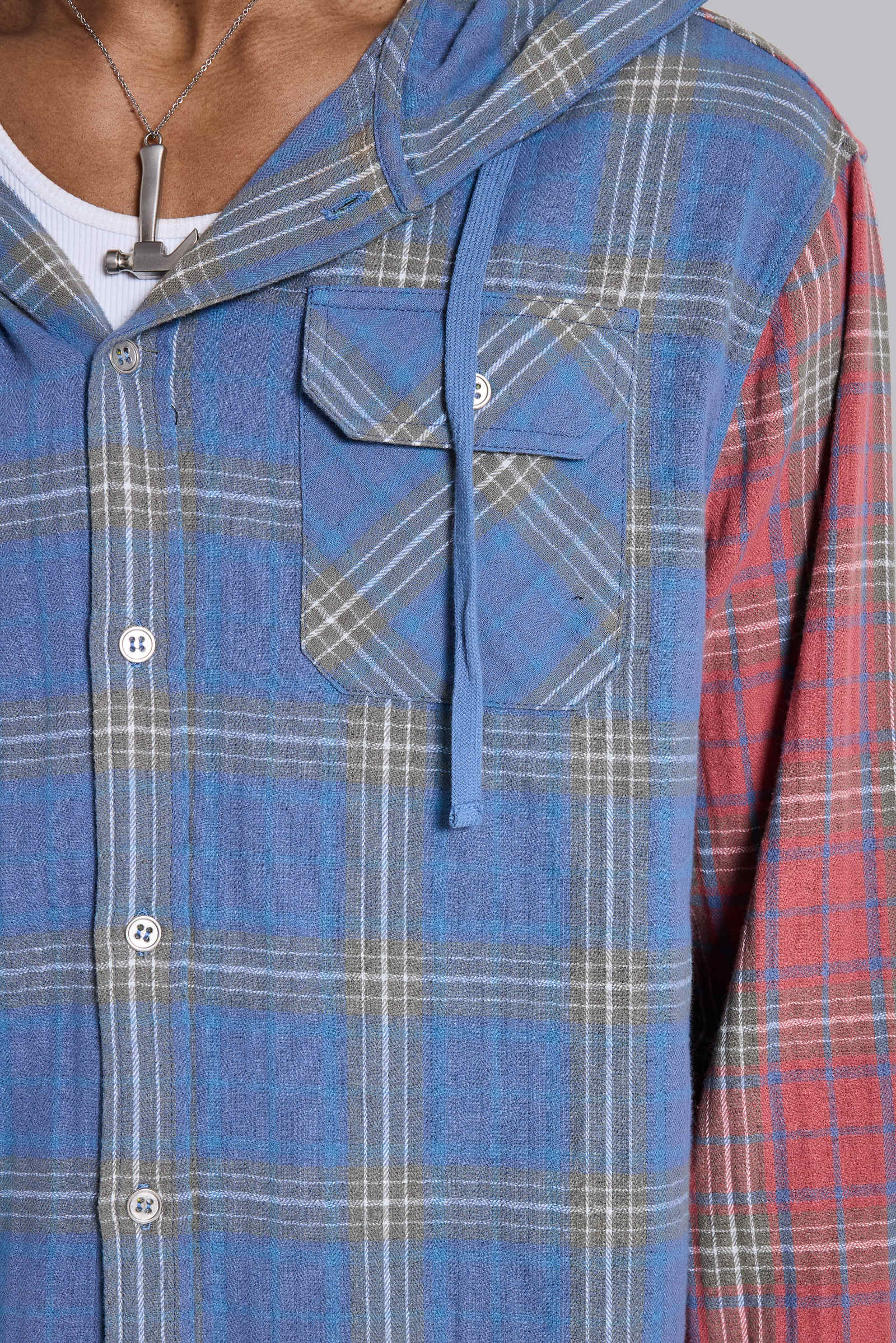 Checked Button-Up Hooded Shirt