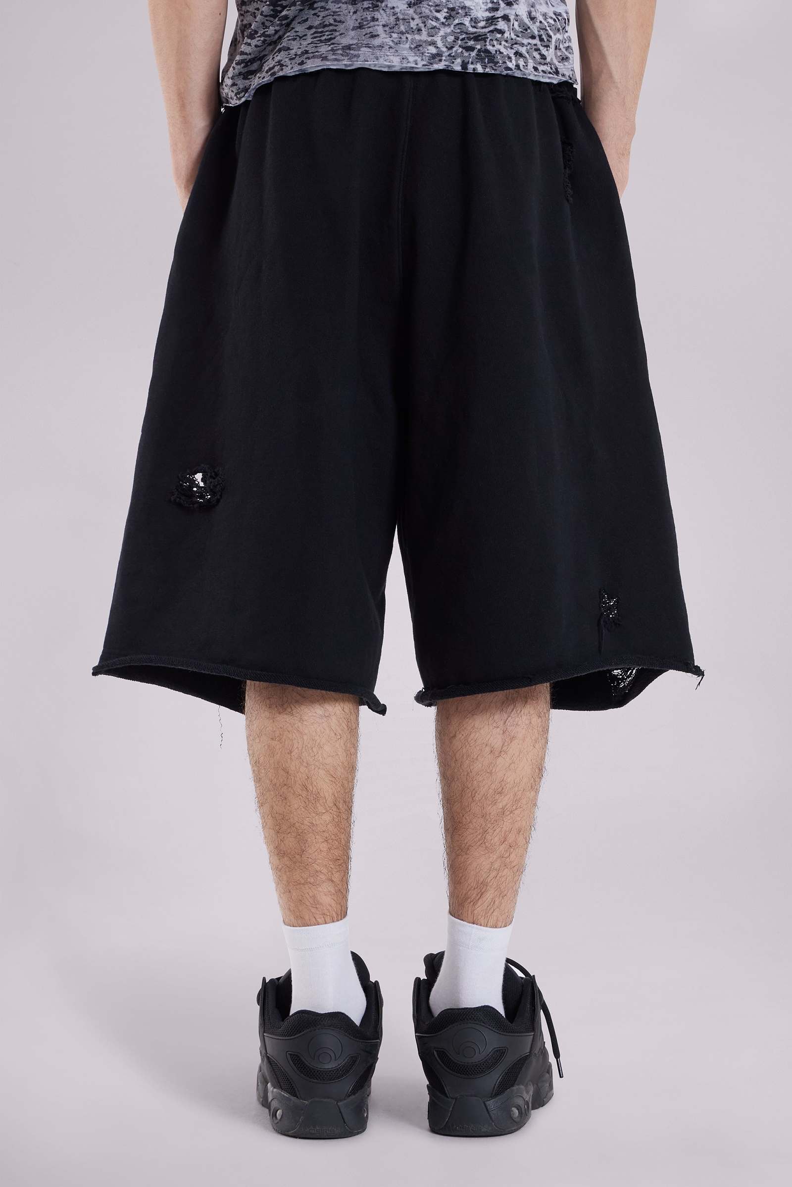 Black Distressed Monster Shorts