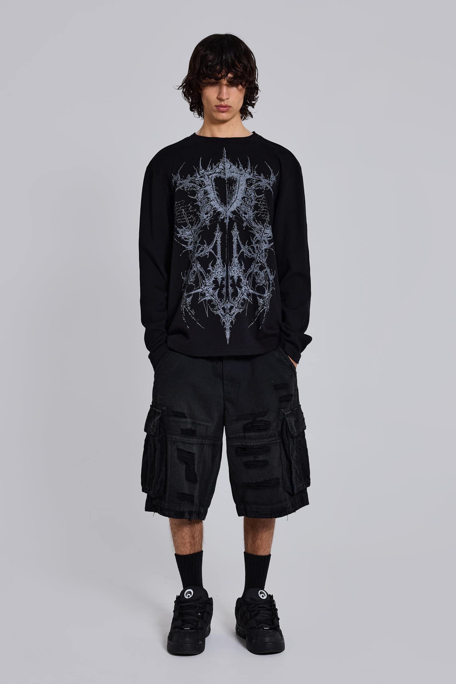 Black Distressed Beach Cargo Shorts