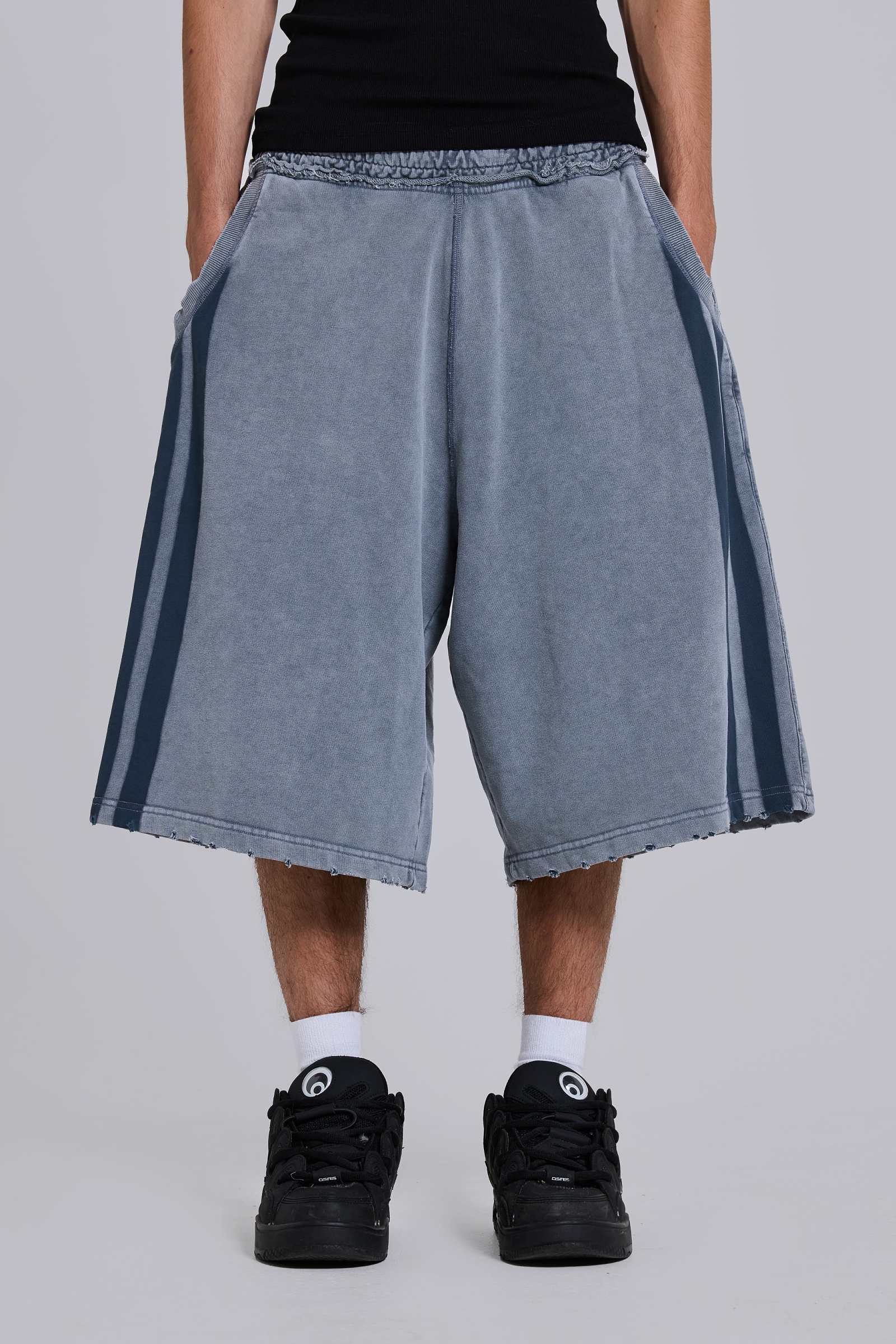 Washed Grey Sporty Stripe Monster Jogger Shorts