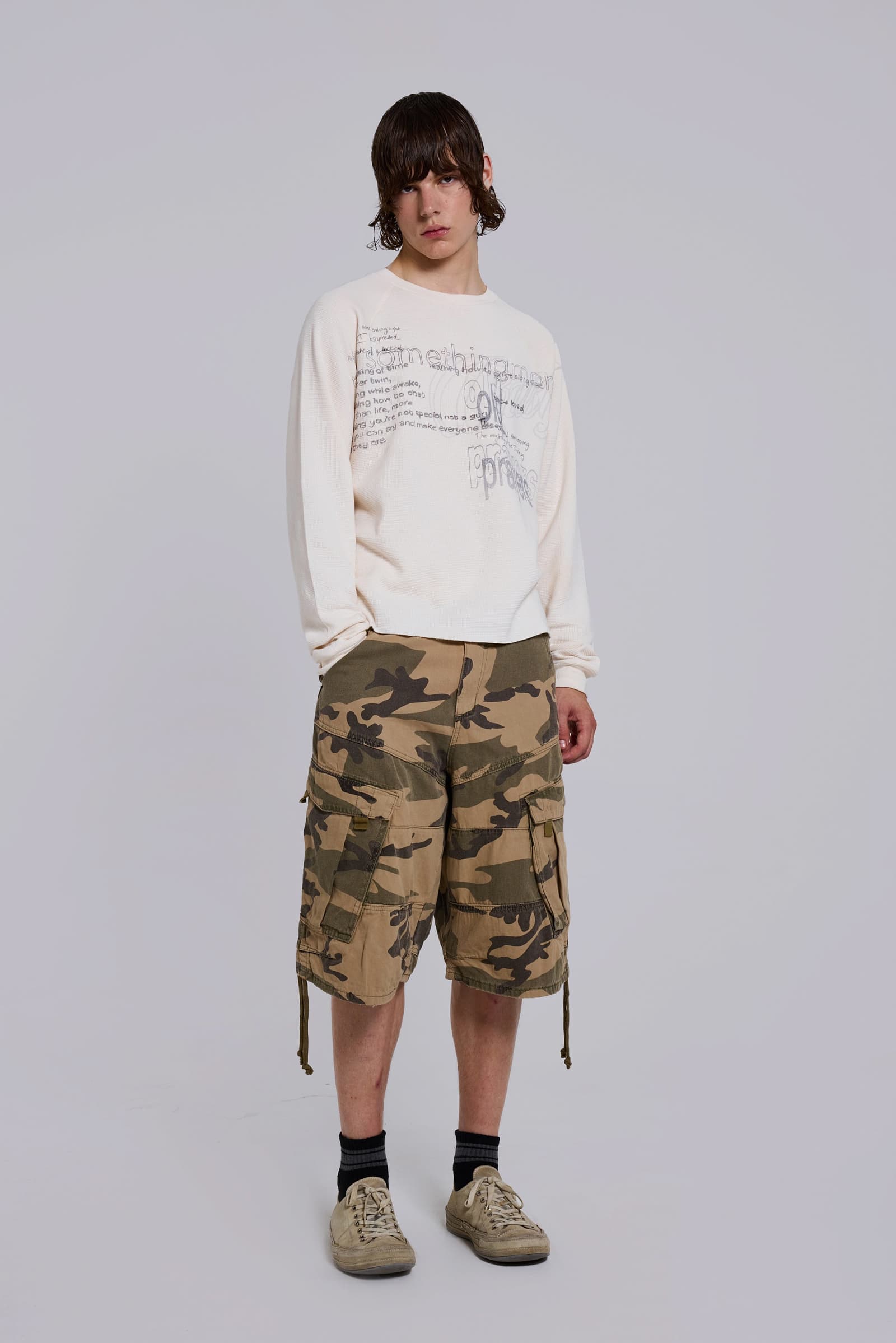 White Sketch Waffle LS Top