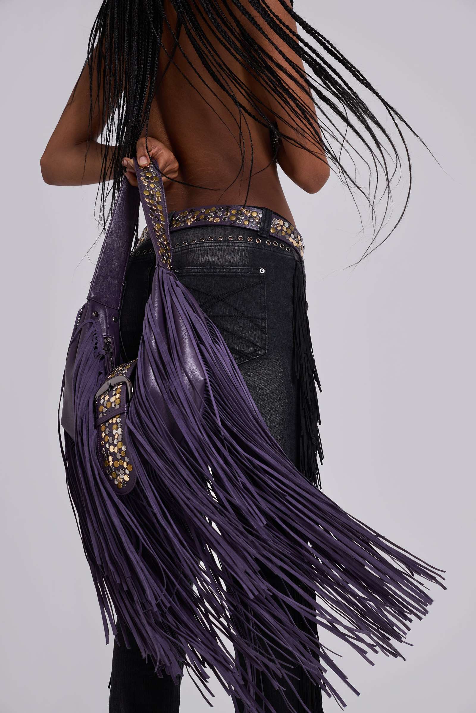 Amethyst Fringe Studded Shoulder Bag
