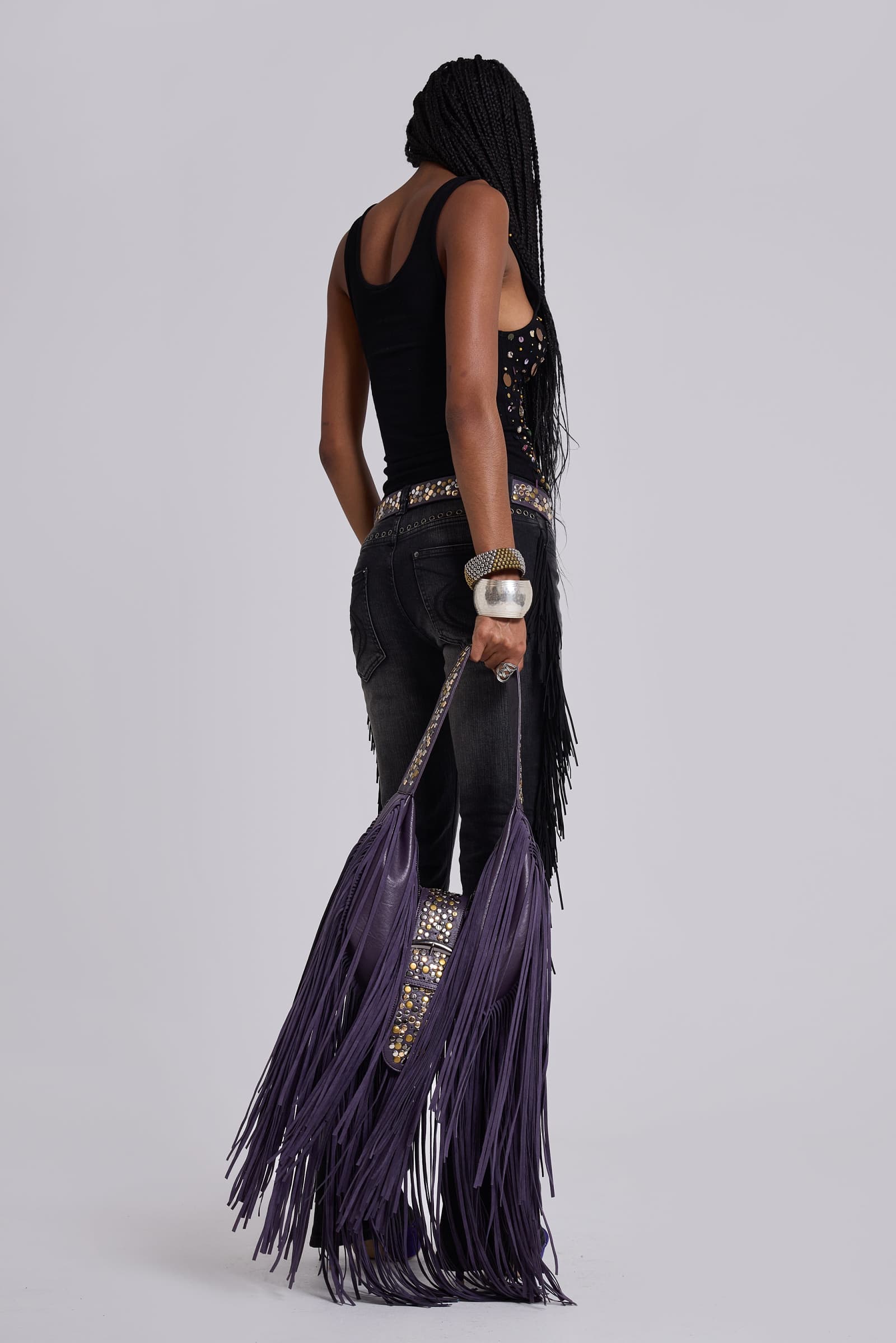 Amethyst Fringe Studded Shoulder Bag