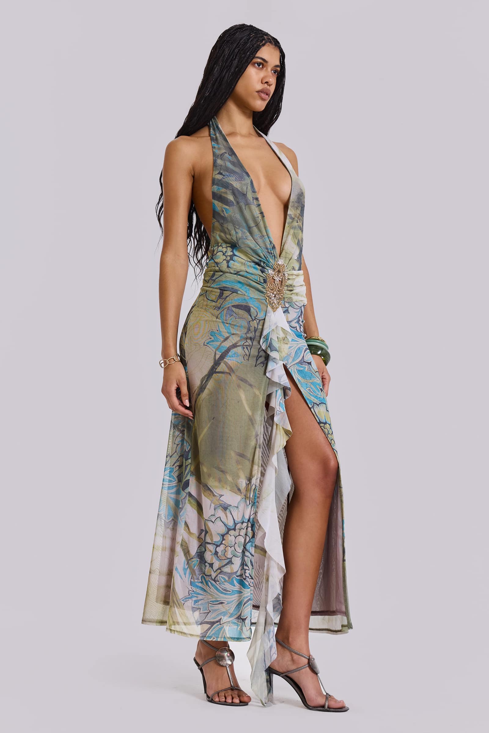 Cindy Plunge Maxi Dress In Green