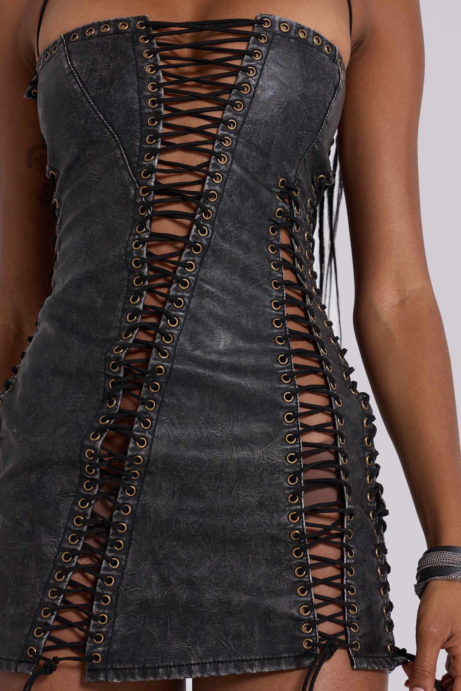 Odile Black Faux Leather Lace Up Mini Dress | Jaded London | Clothing