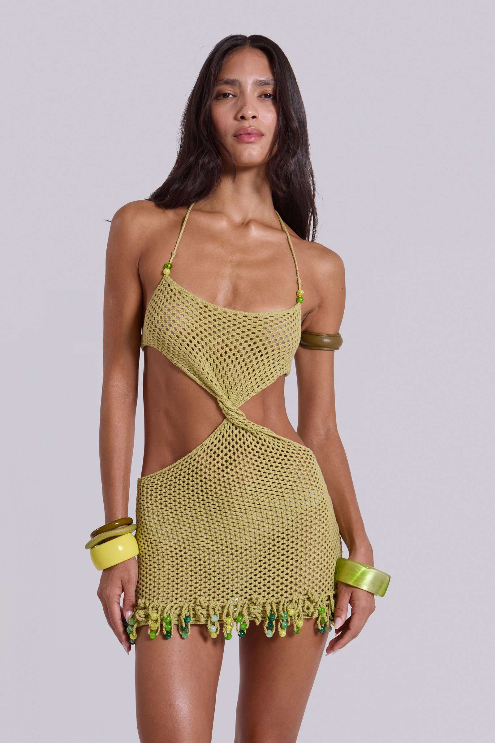 beaded crochet mini dress in aqua Miracle Beaded Crochet Mini Dress