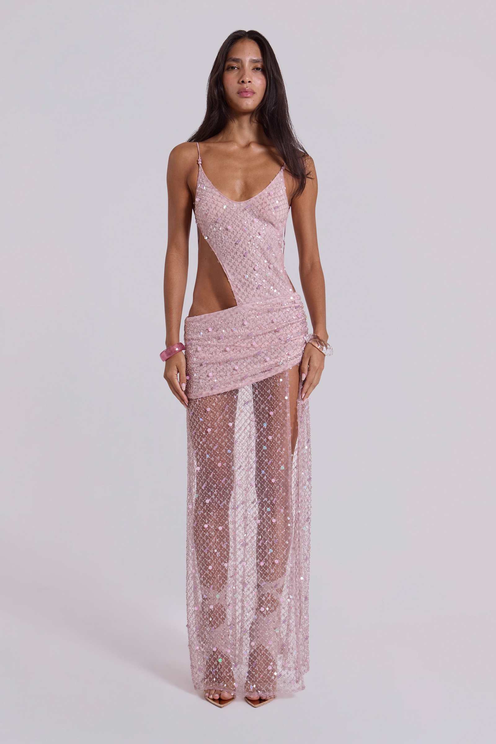 Stellar Asymmetric Hand Beaded Maxi Dress in Pink