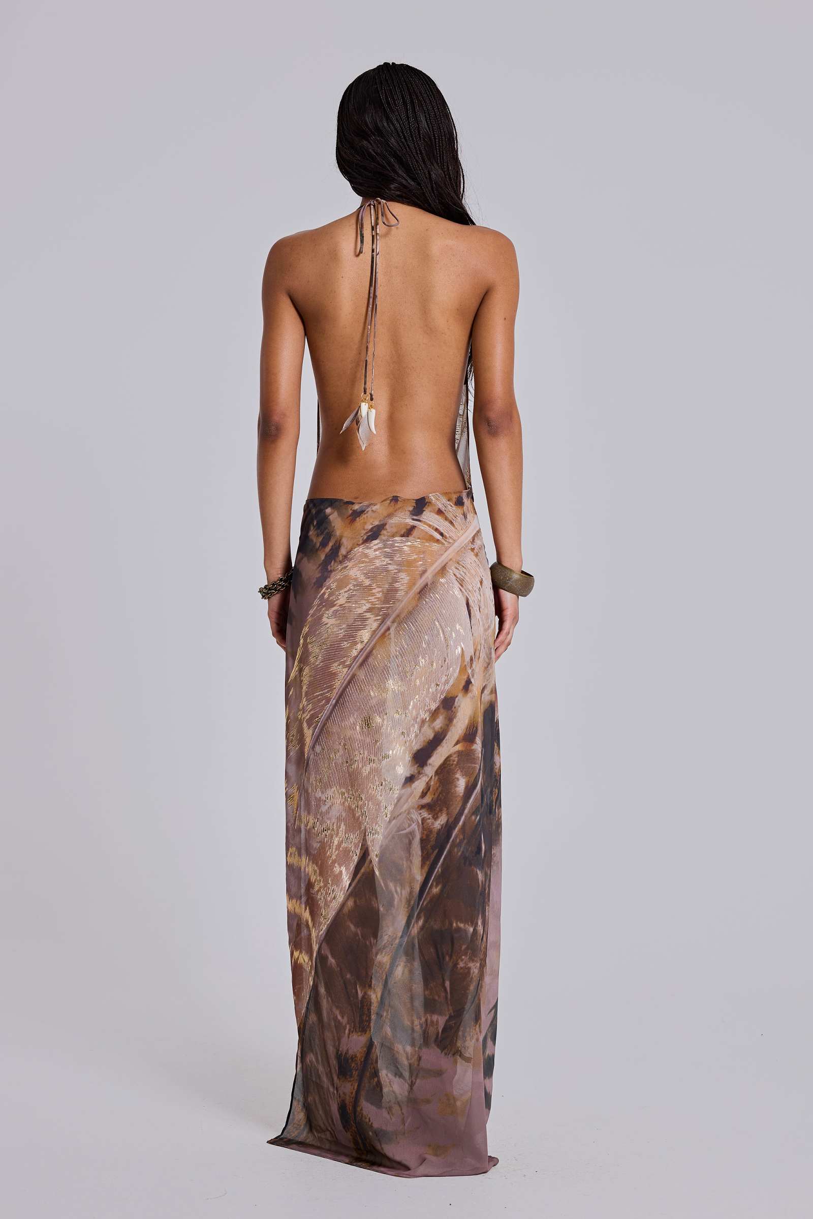 Alameda Metallic Cowl Backless Chiffon Maxi Dress