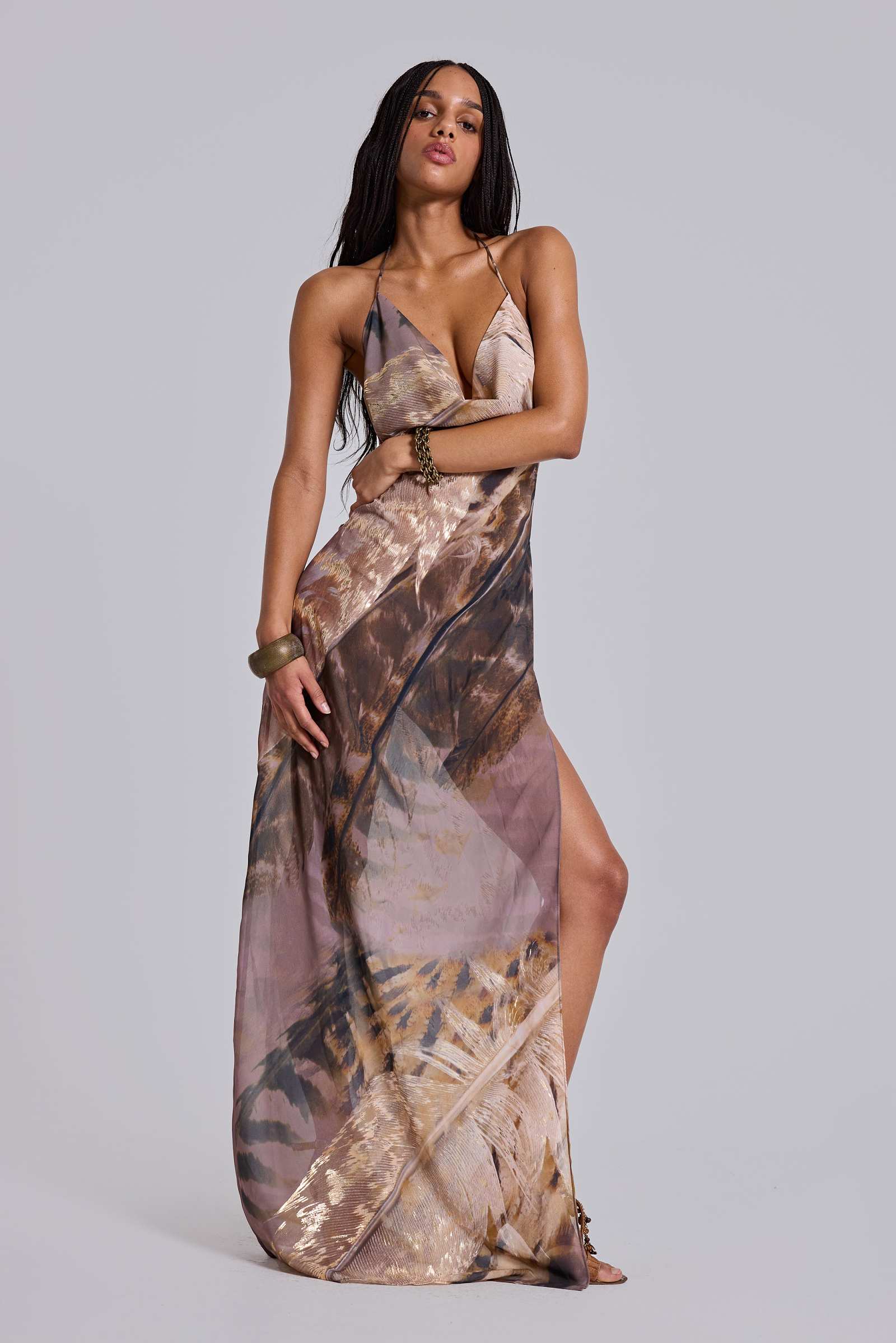 Alameda Metallic Cowl Backless Chiffon Maxi Dress