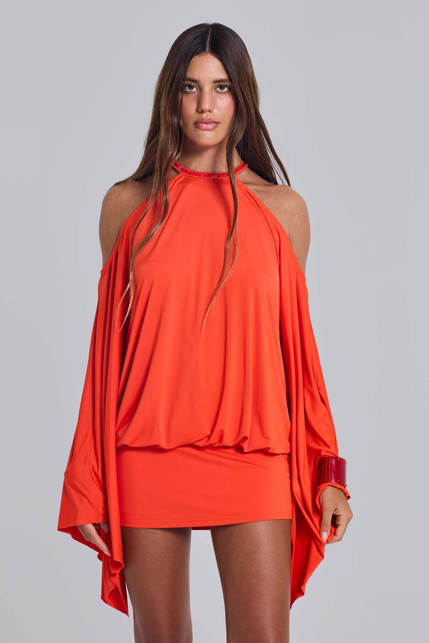 Jaded London Beaded Tropical Batwing Dress in Orange