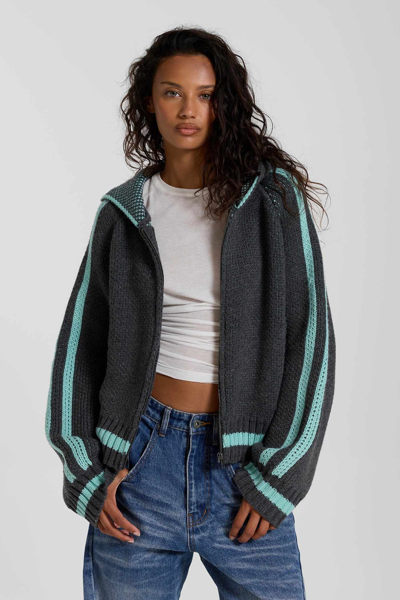 Nellie Grey Blue Hooded Knit Cardigan