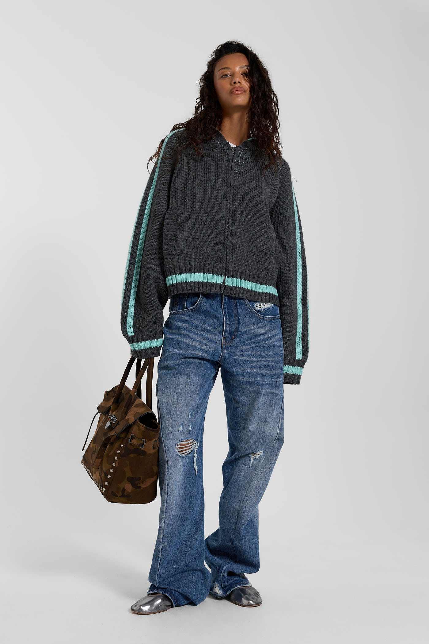 Nellie Grey Blue Hooded Knit Cardigan