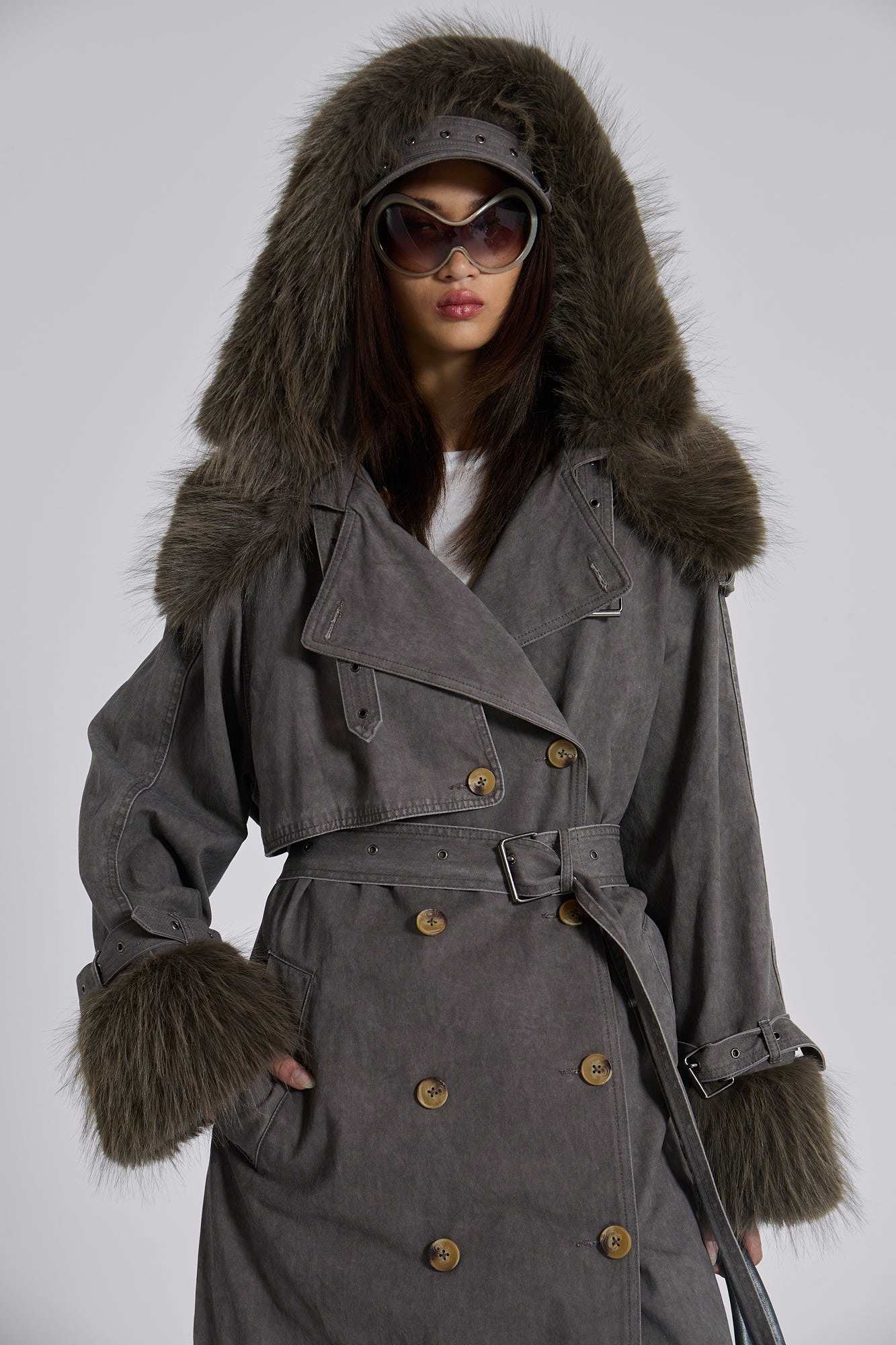 Vania Oversized Faux Fur Hooded Trench Coat