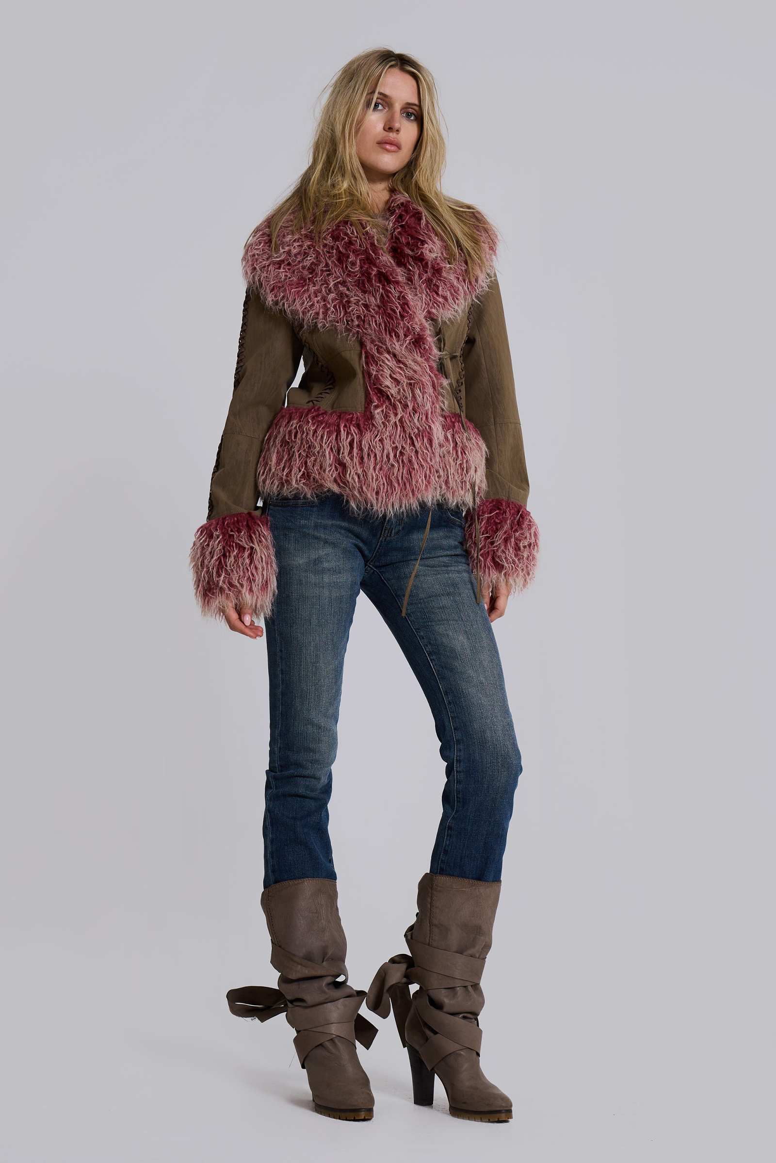 Leonie Faux Mongolian Fur Trim Coat in Quartz