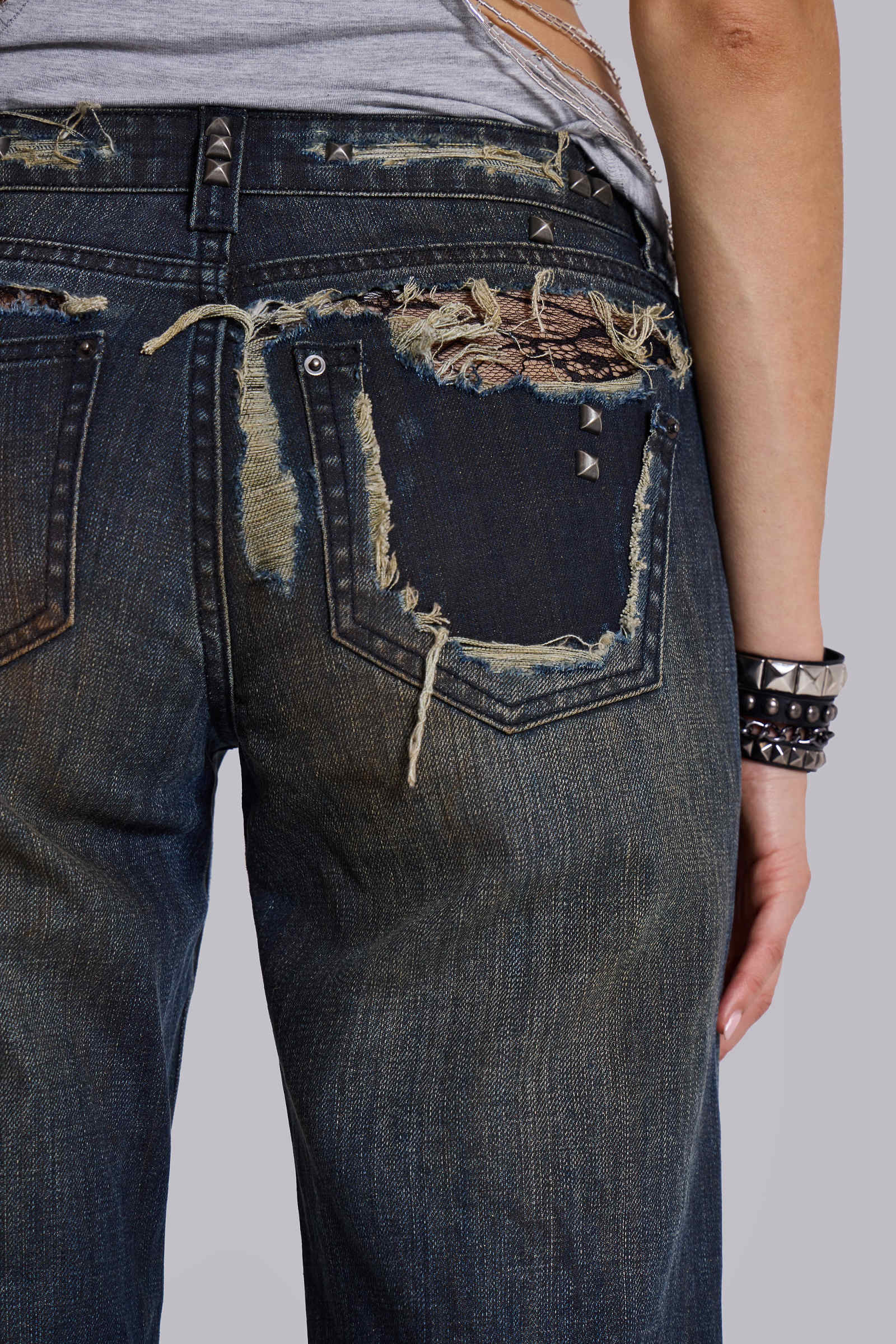 Tori Distressed Lace Low Rise Bootcut Jeans