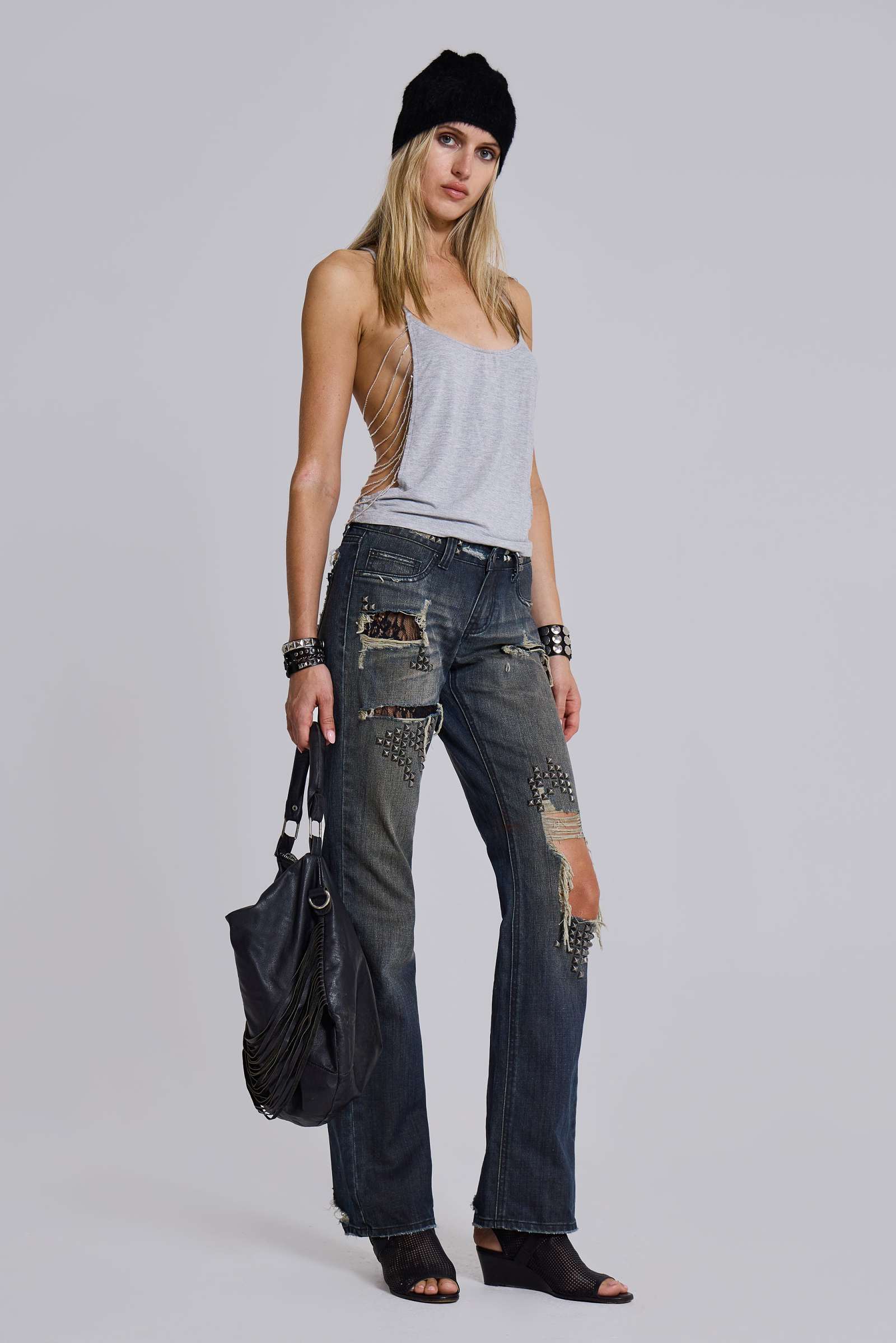 Tori Distressed Lace Low Rise Bootcut Jeans