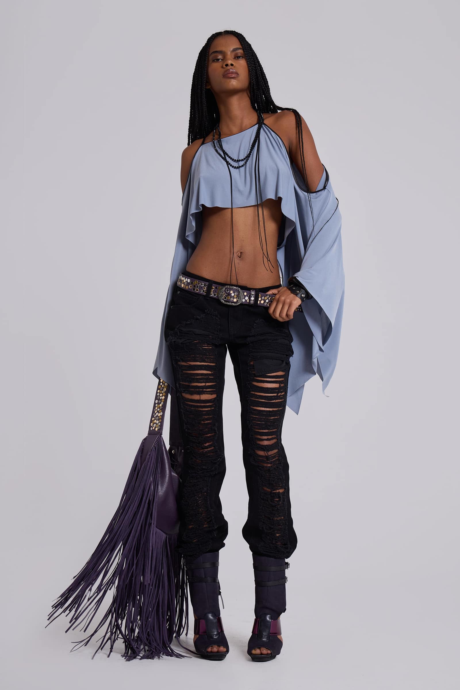 Zain Shredded Bootcut Jeans in Black