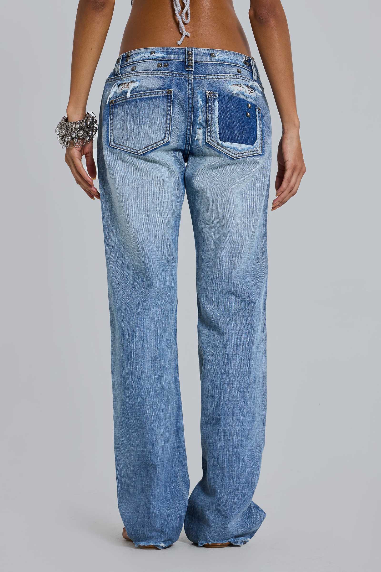 Tori Distressed Lace Low Rise Bootcut Jeans in Light Wash