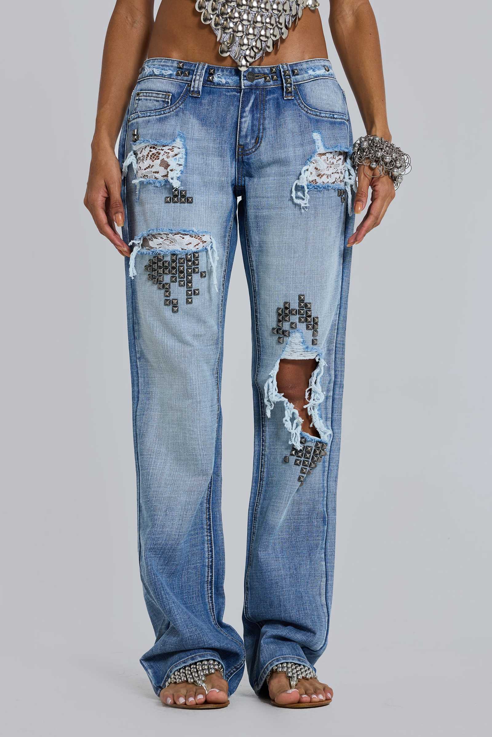 Tori Distressed Lace Low Rise Bootcut Jeans in Light Wash