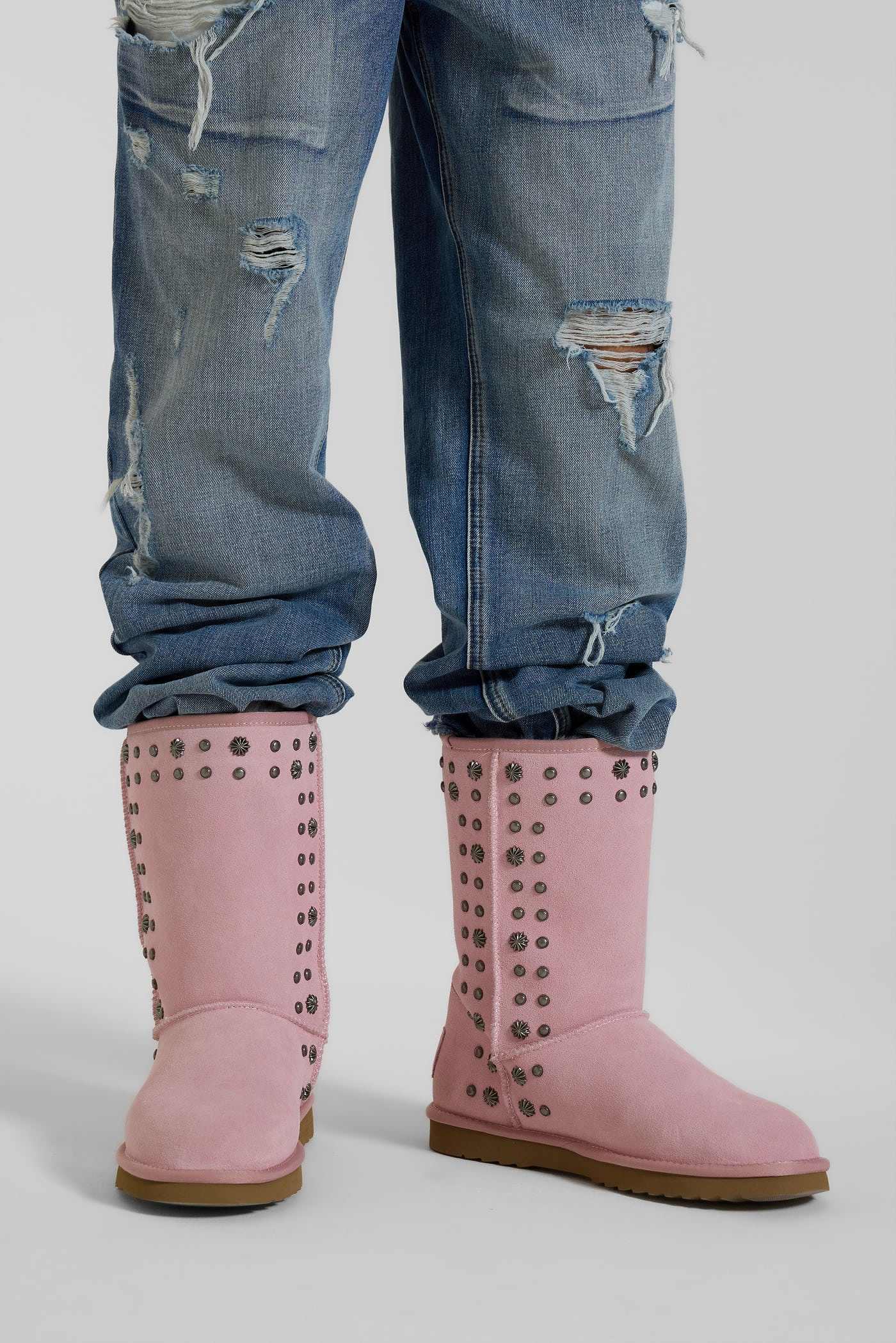 Bolted Stud Shearling Boots in Pink
