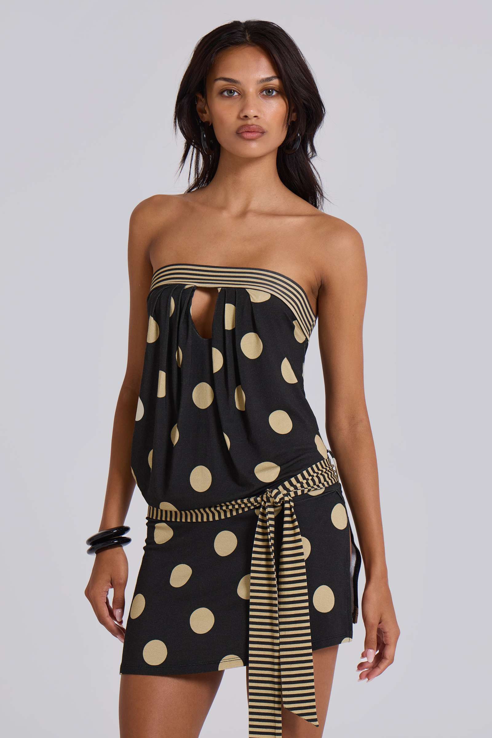 lola strapless mini dress in polkadot stripe Elodie Polka Dot Strapless Mini Dress