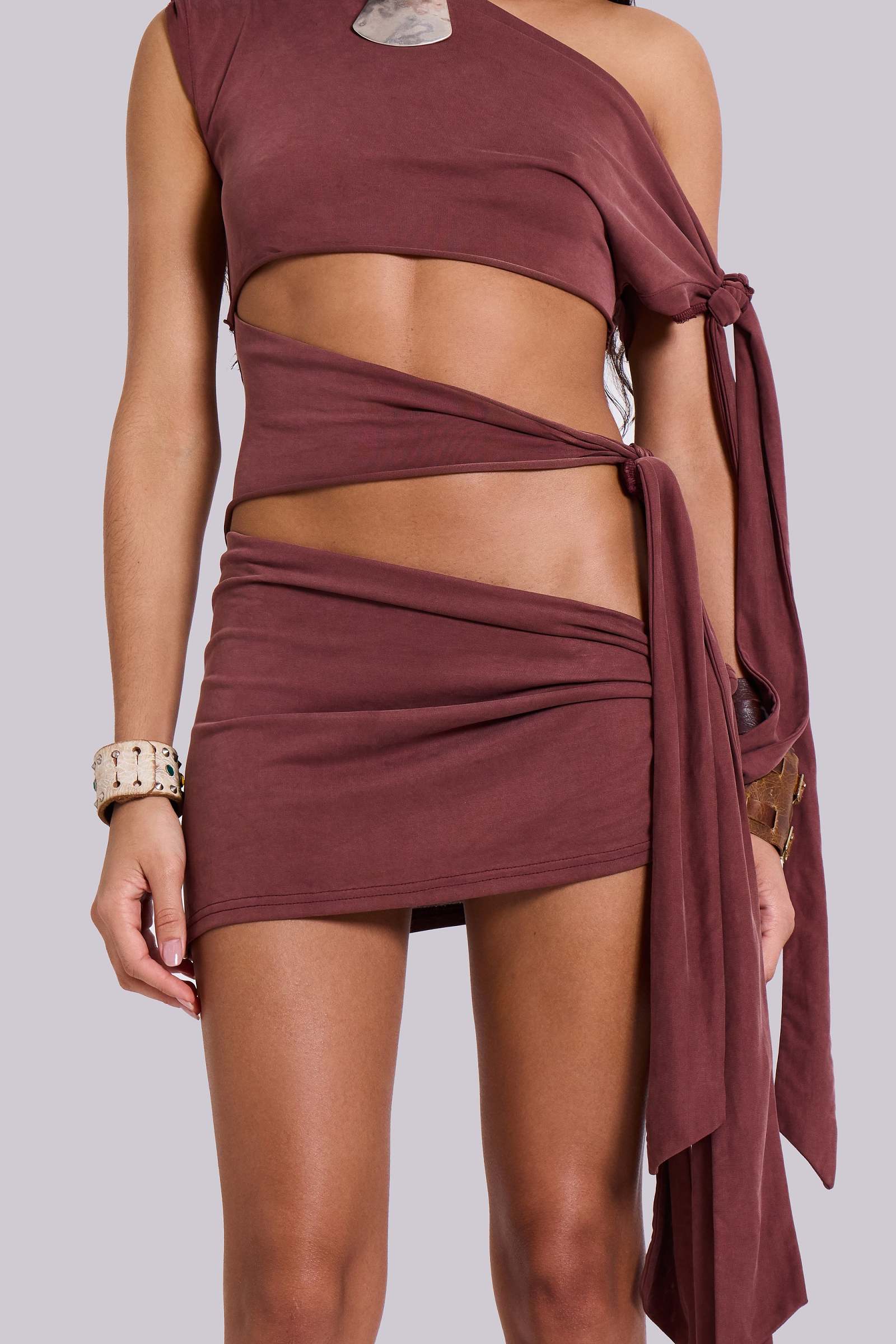 Mena Asymmetric Mini Dress in Sienna | Jaded London
