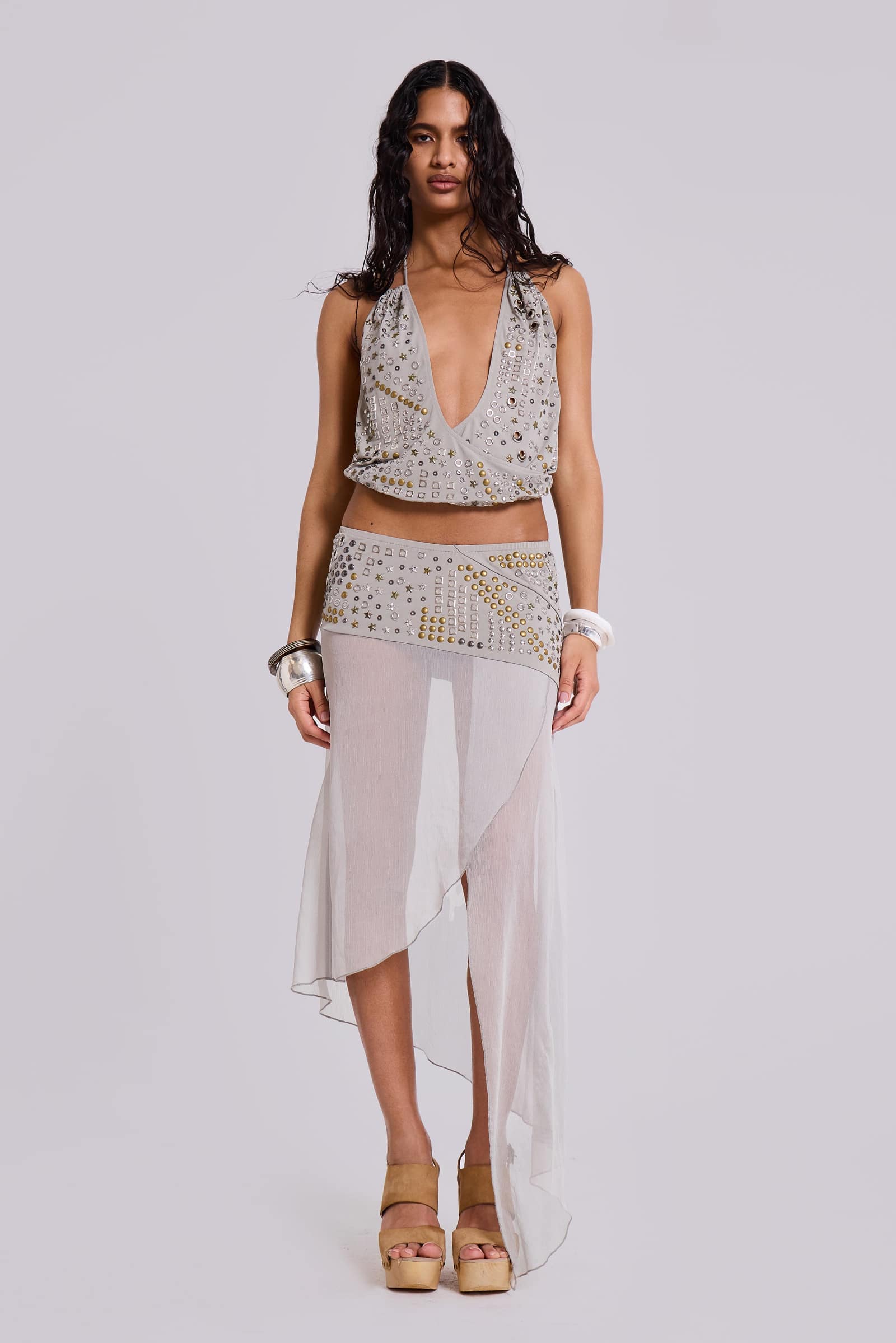 Xtal Studded Chiffon Midi Skirt