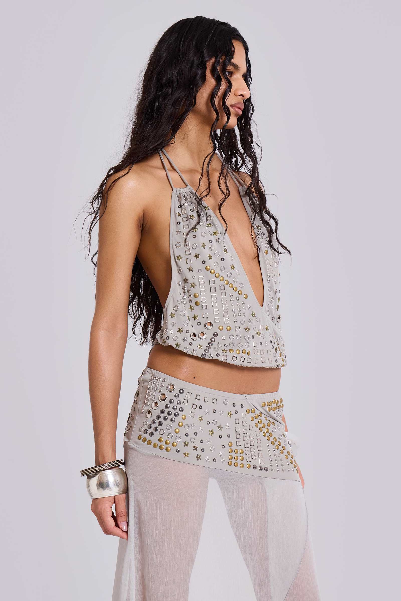 Xtal Studded Chiffon Midi Skirt