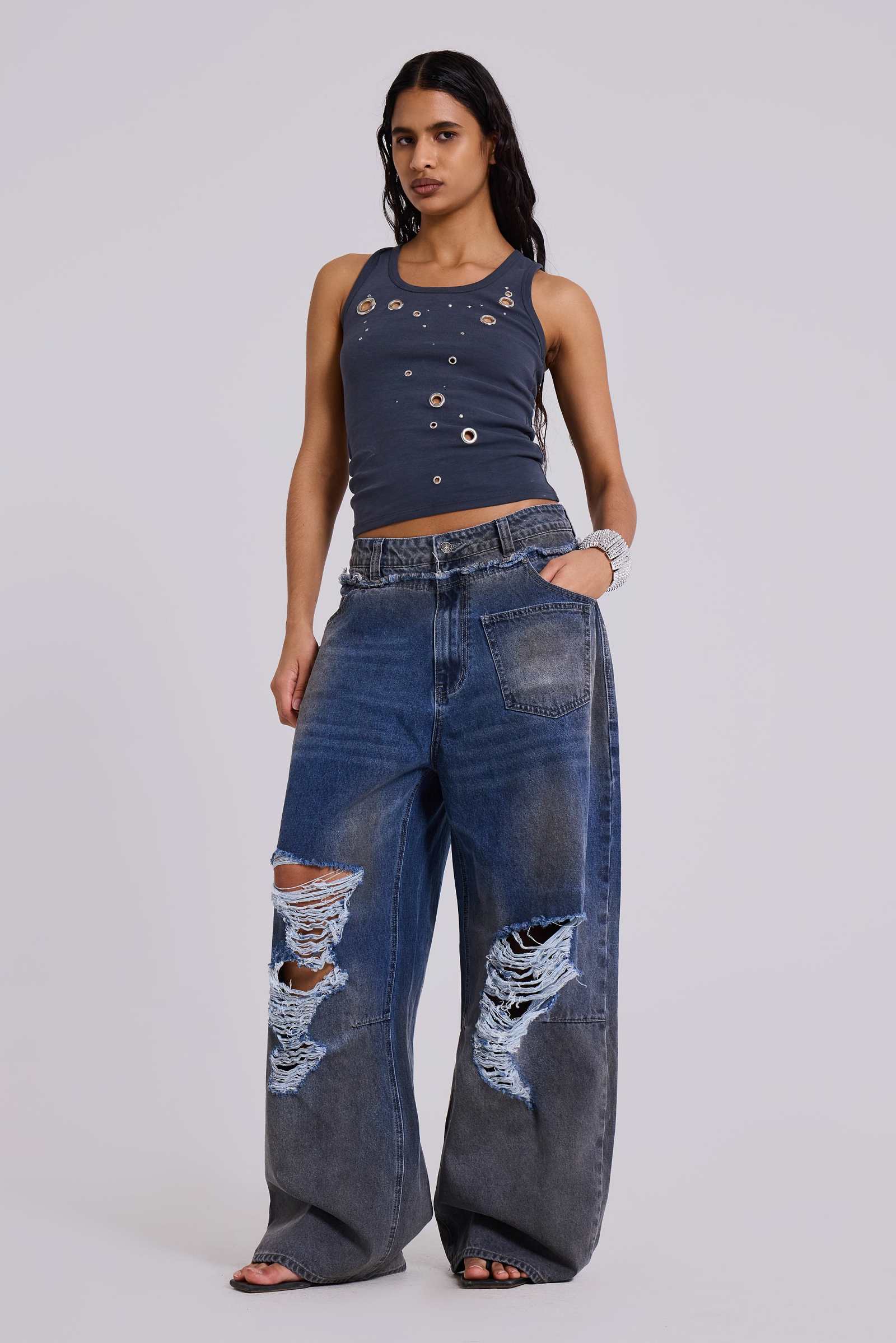 Eye Contact Vest Top With Eyelets in Grey
