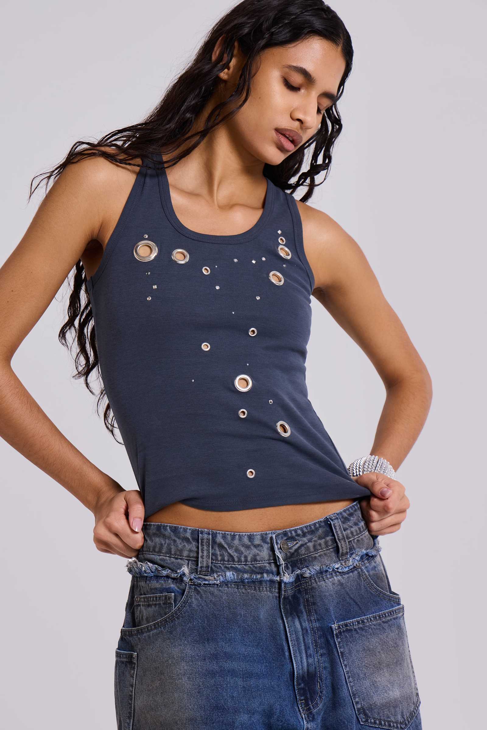 Eye Contact Vest Top With Eyelets in Grey