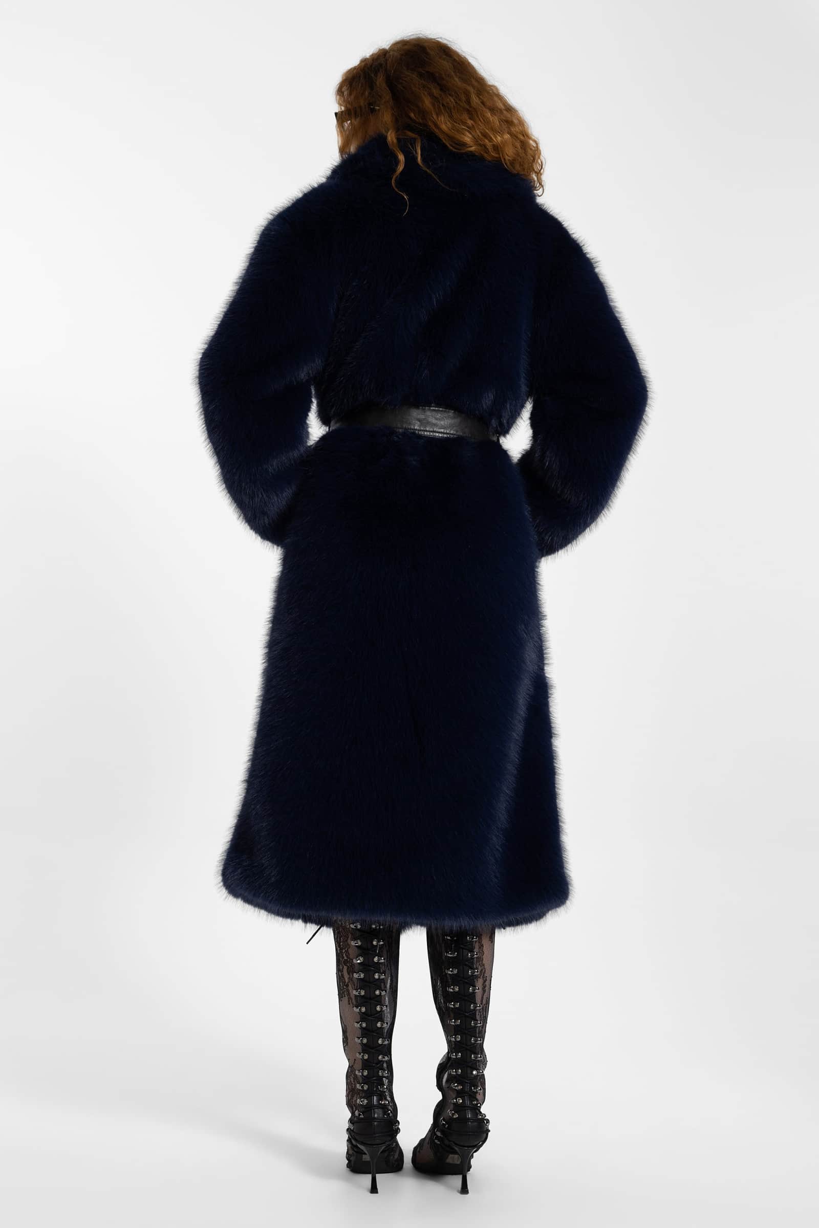 Fugue Blue Belted Faux Fur Coat