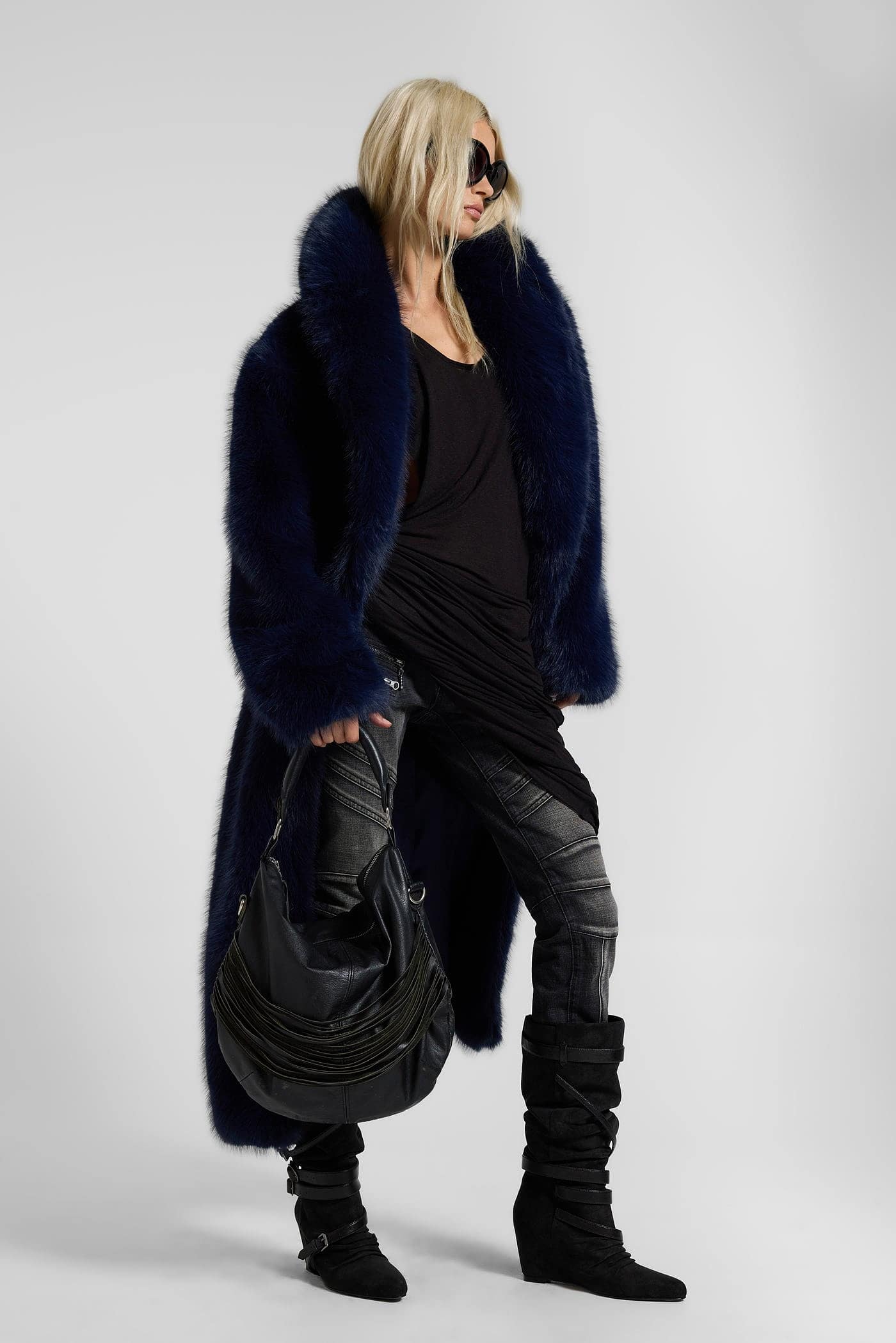 Fugue Blue Belted Faux Fur Coat