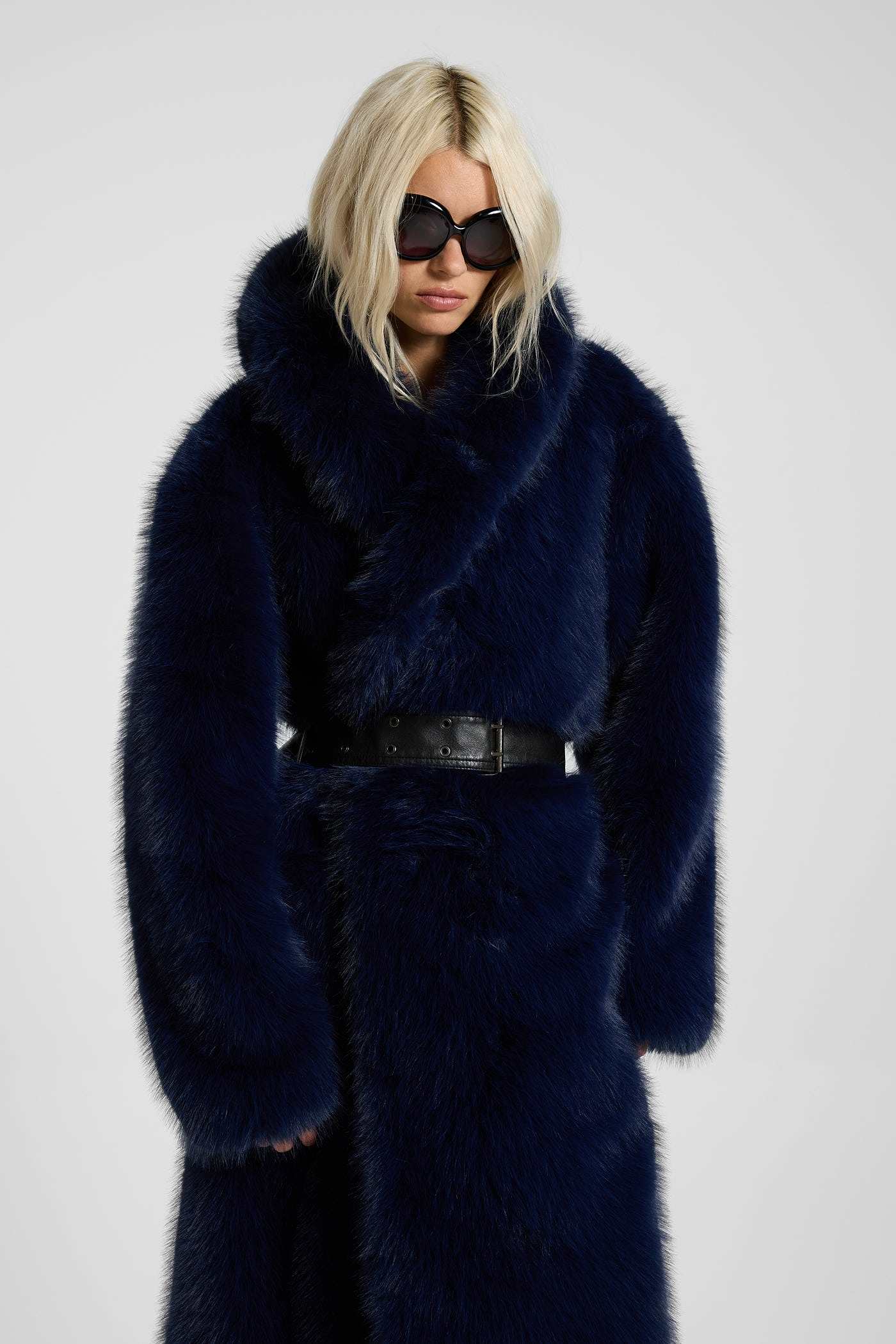 Fugue Blue Belted Faux Fur Coat