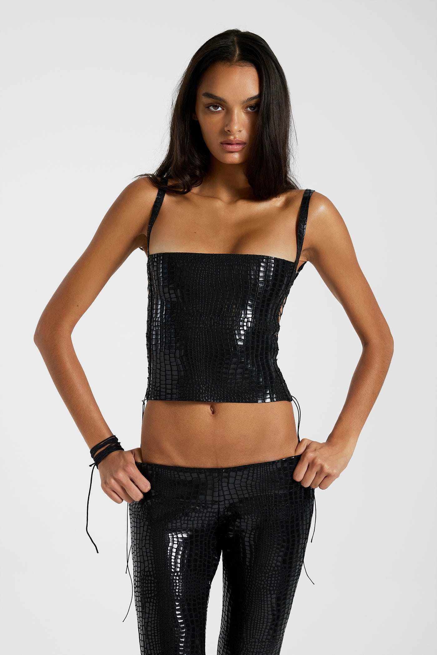 Idol Croc Effect Bandage Corset Top in Black