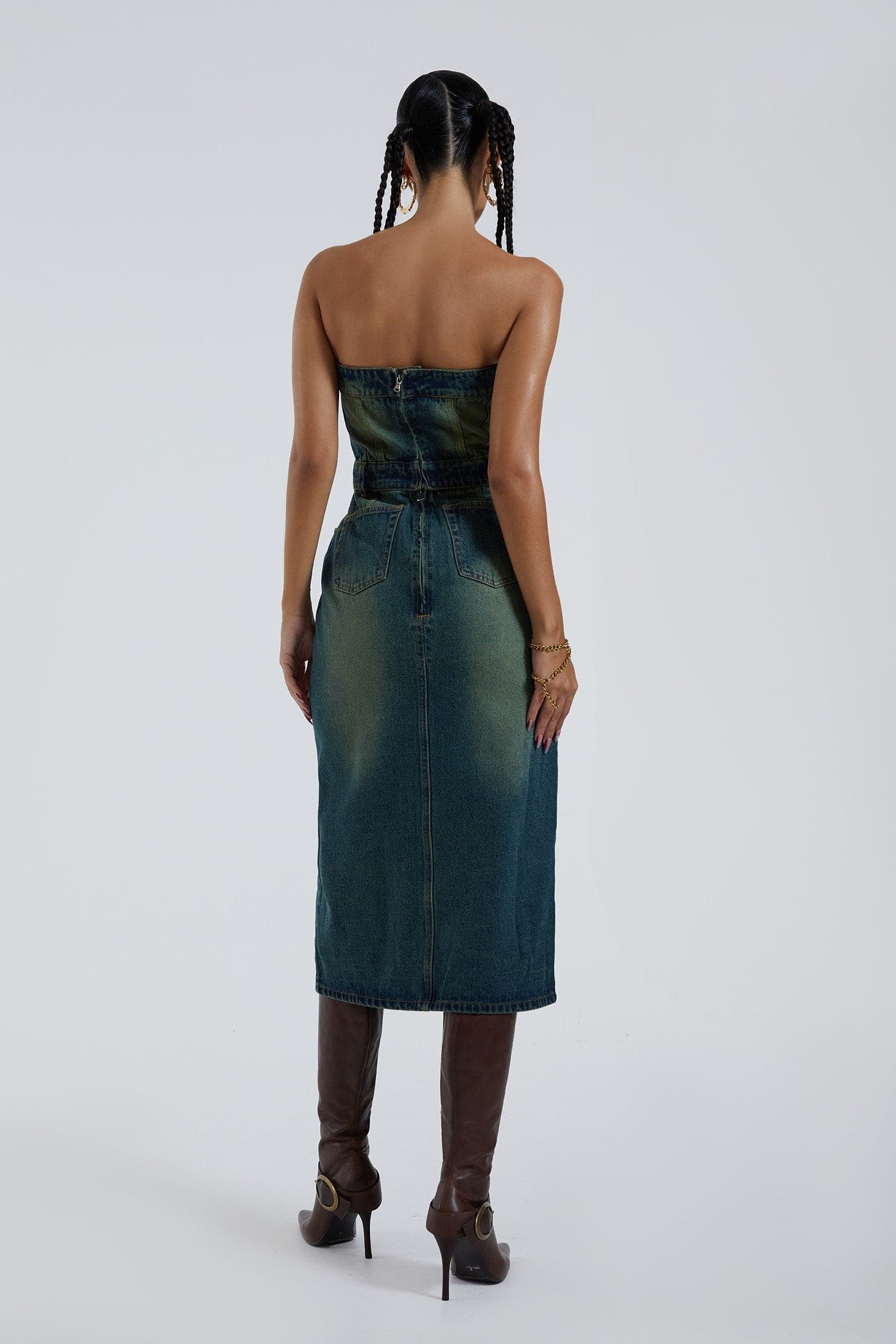 long denim dress strapless Shop Liberty 2 In 1 Detachable Denim Blue Midi Dress | Jaded London