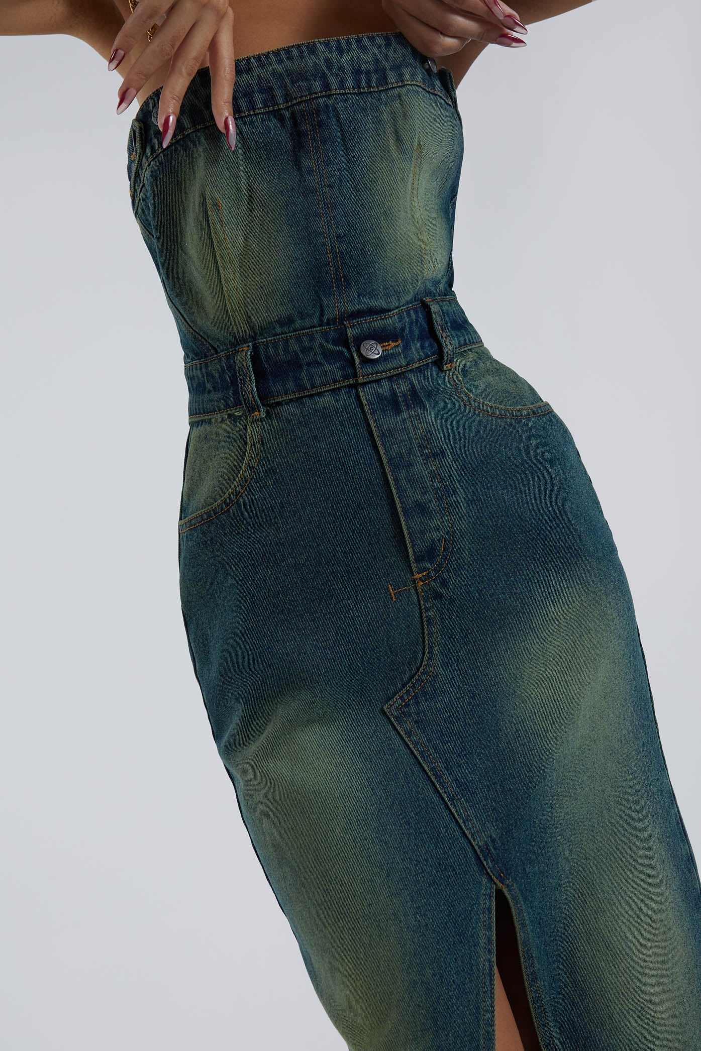 bandeau denim maxi dress boohoo Women's Denim Side Split Bandeau Maxi Dress in Grey